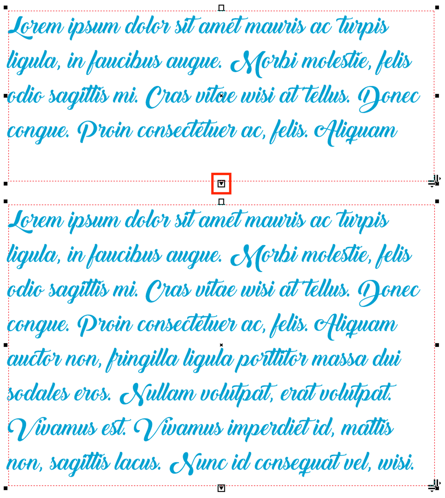 Zrzut ekranu przedstawia dwa zaznaczone przykładowe teksty, gdzie dzięki skalowaniu pola tekstowego tekst wyświetla się w całości.