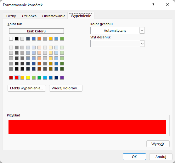 Grafika przedstawia otwarte okno dialogowe Formatowanie komórek. Otwarta jest zakładka  Wypełnienie, gdzie zaznaczony jest kolor czerwony. Na dole okna znajdują się przyciski: Wyczyść, OK, Anuluj.