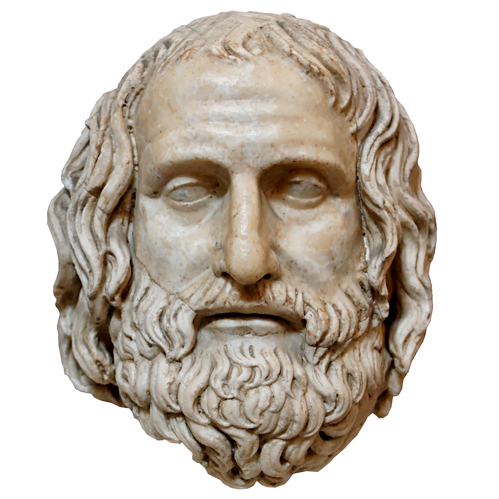 Rzeźbiona głowa mężczyzny z wyraźnie przedstawionymi cechami anatomicznymi twarzy: rzeźbionymi policzkami i oczodołami, a także długą brodą, włosami opadającymi za uszy i łysiną. Twarz spogląda na wprost widza.