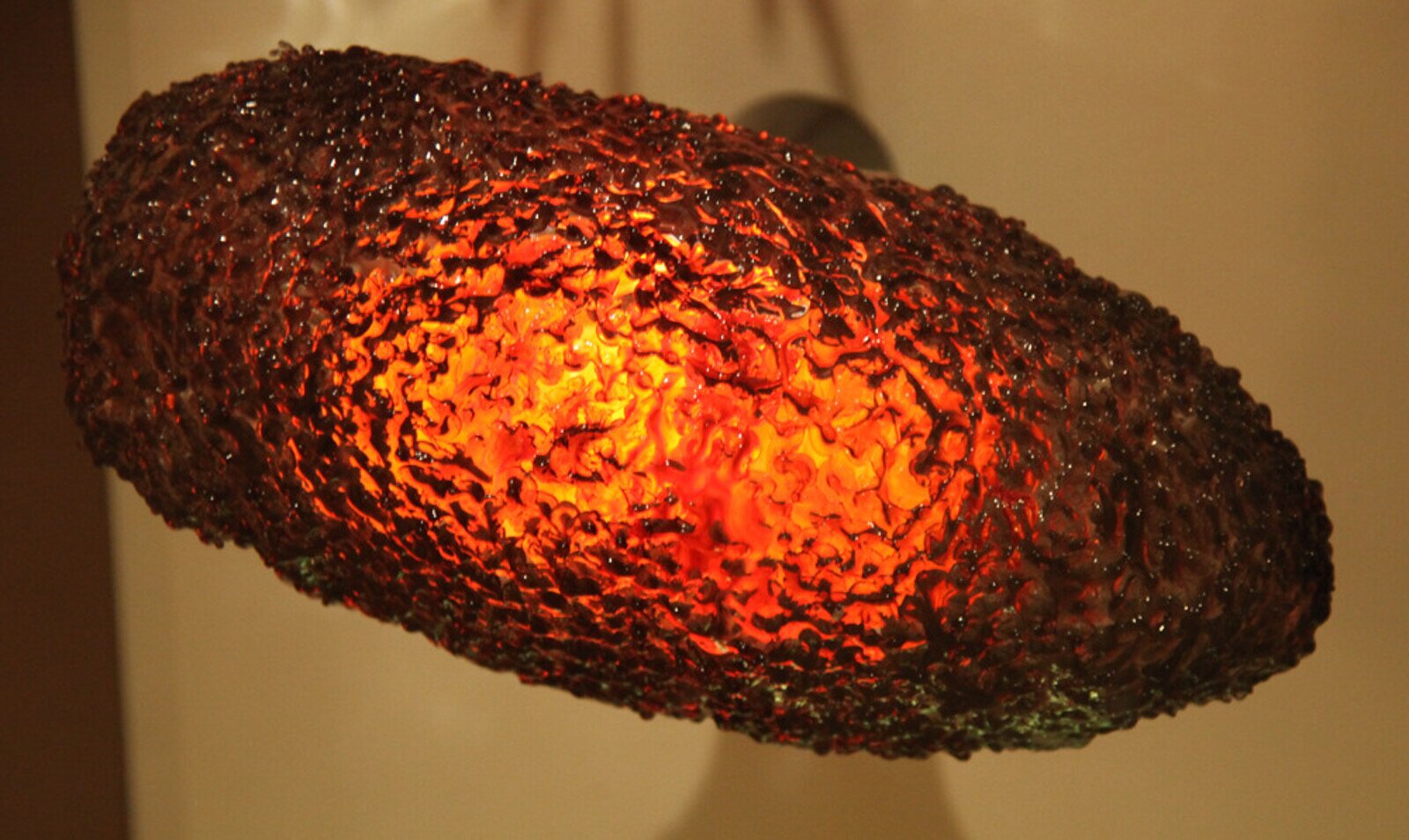 Grafika przedstawia wirus ospy prawdziwej, którego kształt jest owalny, jajowaty, o ciemnym kolorze w skrajnych częściach, natomiast środek jest żywo pomarańczowy. 