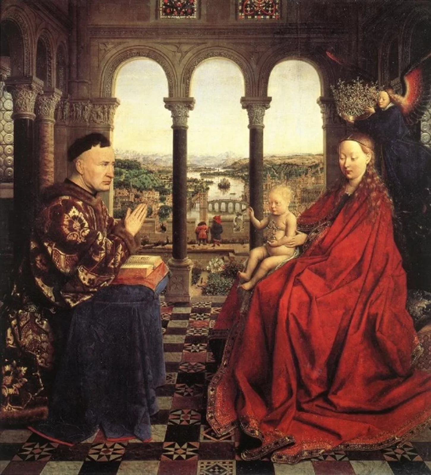 Ilustracja przedstawia obraz olejny „Madonna kanclerza Rolin”, autorstwa Jana van Eycka. Zamknięta kompozycja ukazuje postać Madonny z dzieciątkiem oraz klęczącego przed nią kanclerza Burgundii, Nicolasa Rolina. Matka Boża namalowana jest jako młoda dziewczyna o jasnych, falujących włosach spiętych z tyłu głowy. Jej drobną postać okrywa ciężki, mocno udrapowany, czerwony płaszcz obszyty ozdobną lamówką. Na swych kolanach trzyma nagiego, małego Chrystusa. Dzieciątko w jednej dłoni trzyma bogato zdobiony krzyż, natomiast drugą błogosławi klęczącego kanclerza. Nad Madonną unosi się anioł w niebieskiej szacie, trzymający nad jej głową złotą koronę o misternym ornamencie. Kanclerz Rolin ukazany jest w bogato zdobionym w roślinne ornamenty, beżowym płaszczu, wykończonym na mankietach i pod szyją futrem. Jest mężczyzną w średnim wieku. Jego złożone w modlitwie ręce opierają się o obity niebieską draperią klęcznik, na którym leży rozłożona gruba księga. Scena ukazana jest we wnętrzu z bogato zdobionymi elementami architektonicznymi. Salkę otaczają kolumny o okrągłych trzonach i korynckich głowicach, zwieńczone łukami. Za potrójną arkadą w tle rozciąga się widok na ogród i panoramę miasta. Obraz został namalowany z dużą dbałością o detal. Utrzymany jest w wąskiej gamie brązów z elementami czerwieni, granatów i zieleni.