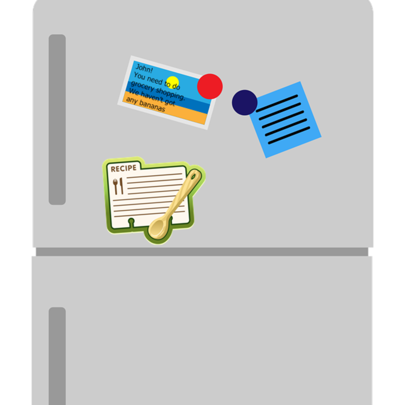 Grafika przedstawia lodówkę, do której przyczepiono trzy różne karteczki. Na jednej z kartek jest napis: "John! You need to do grocery shopping. We haven’t got any bananas."