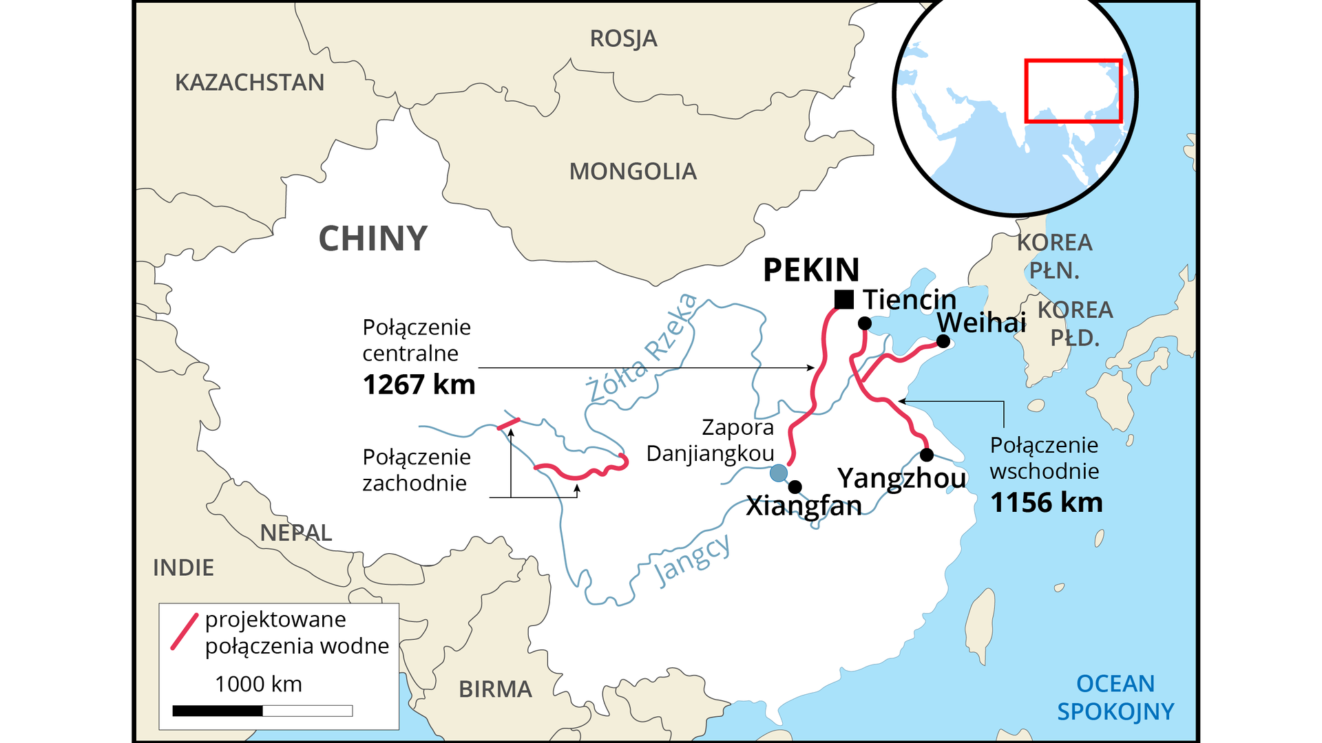 Na fragmencie mapy wschodnich Chin przedstawiono transfer wody z południa na północ. Poprowadzono linię między Tiencinem a miastem Xiangfan - to połączenie centralne 1267 kilometrów. Na rzece Jangcy w pobliżu   Xiangfan jest zapora   Danjiangkou. Pomiędzy   Tiencinem a  Yangzhou zaznaczono połączenie wschodnie 1156 kilometrów. Połączenie to ma rozgałęzienie na wschód do Weihai. Pomiędzy Żółtą Rzeką a Jangcy na zachodzie są dwa połączenia zwane zachodnim.    