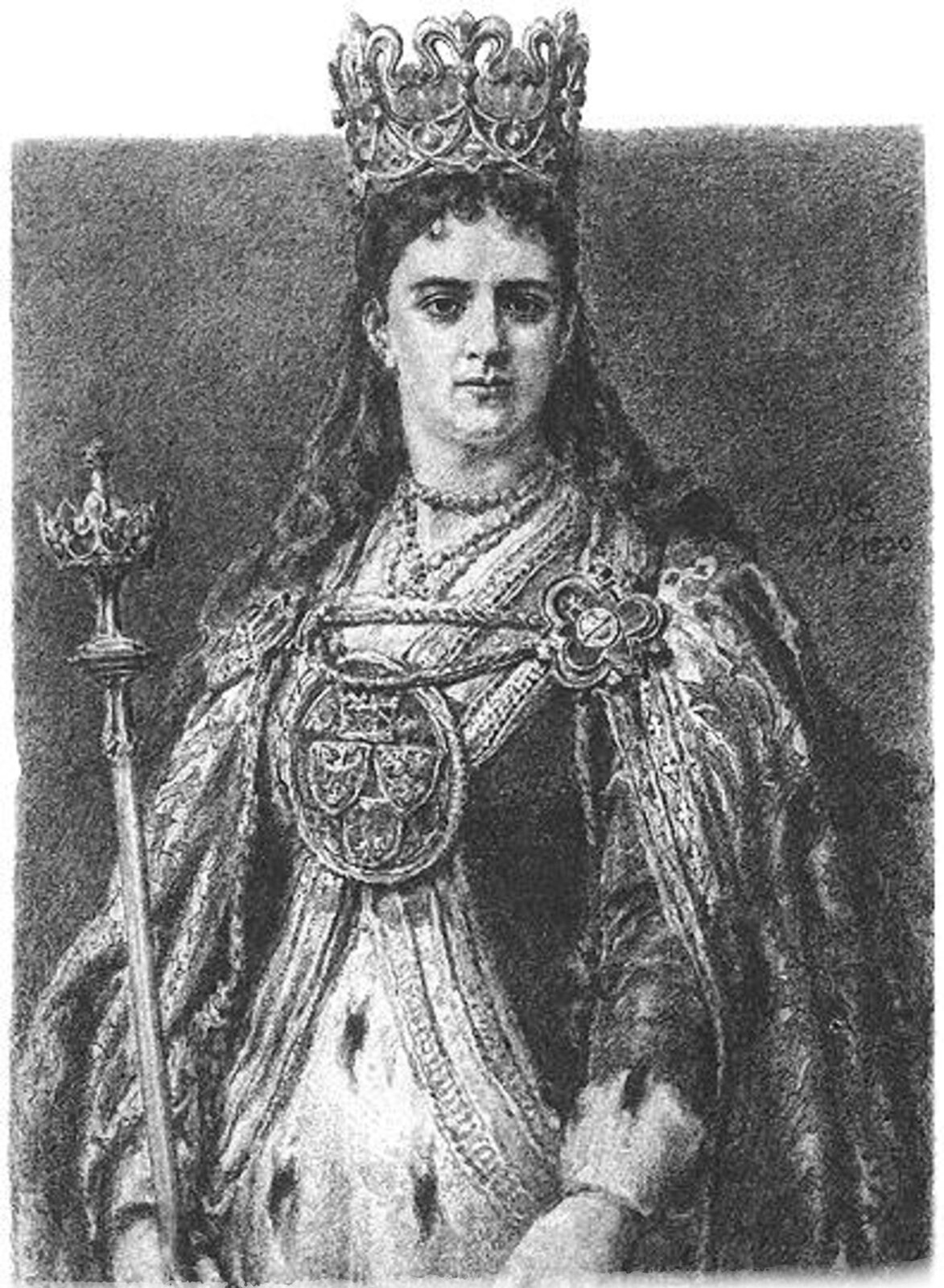 Ilustracja czarno-biała królowej Jadwigi. Królowa ma berło w prawej dłoni i koronę na głowie. Ma długie włosy.