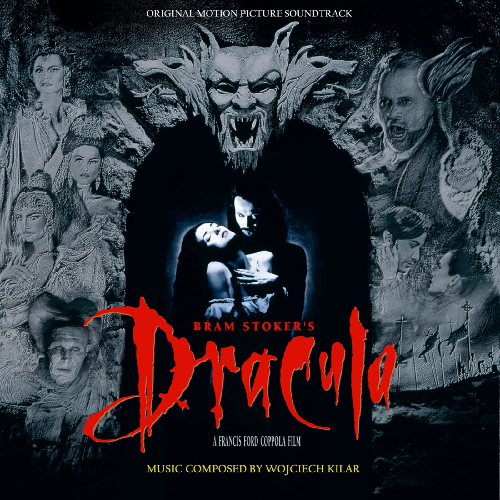 Grafika promująca film „Bram Stoker's: Dracula” w reżyserii Francisa Forda Coppoli. Na pierwszym planie umieszczono postać w czarnej pelerynie, z głową, na której widać uszy nietoperza i otwartą bardzo szeroką buzią, w której widać szeroko rozstawione kły i zęby. Postać na wypukłe czoło, nie ma włosów, ale widoczna jest krótka, prosta broda, a jej oczy są czarne. Za nią, po obu stronach jej głowy, widoczne są z profilu głowy zwierząt przypominających wilki z językami węża. Na pelerynie postaci, w jej środku, umieszczono podobizny kobiety i mężczyzny. Oboje mają długie, czarne i falowane włosy oraz bladą skórę. Kobieta ma na sobie bluzkę odkrywającą ramiona, jej usta są otwarte, oczy zamknięte, a twarz odchylona do tyłu. Tuż obok niej, dotykając klatki piersiowej kobiety, stoi mężczyzna, patrzący prosto przed siebie. Jego strój jest czarny, a twarz, z widocznymi krótkimi wąsami, szczupła. Pod grafiką umieszczono tytuł napisany dużą, czerwoną czcionką, oraz informacje o nim. W tle, po obu stronach, widoczne są inne postacie, ukazane w kolorach jasnej szarości.