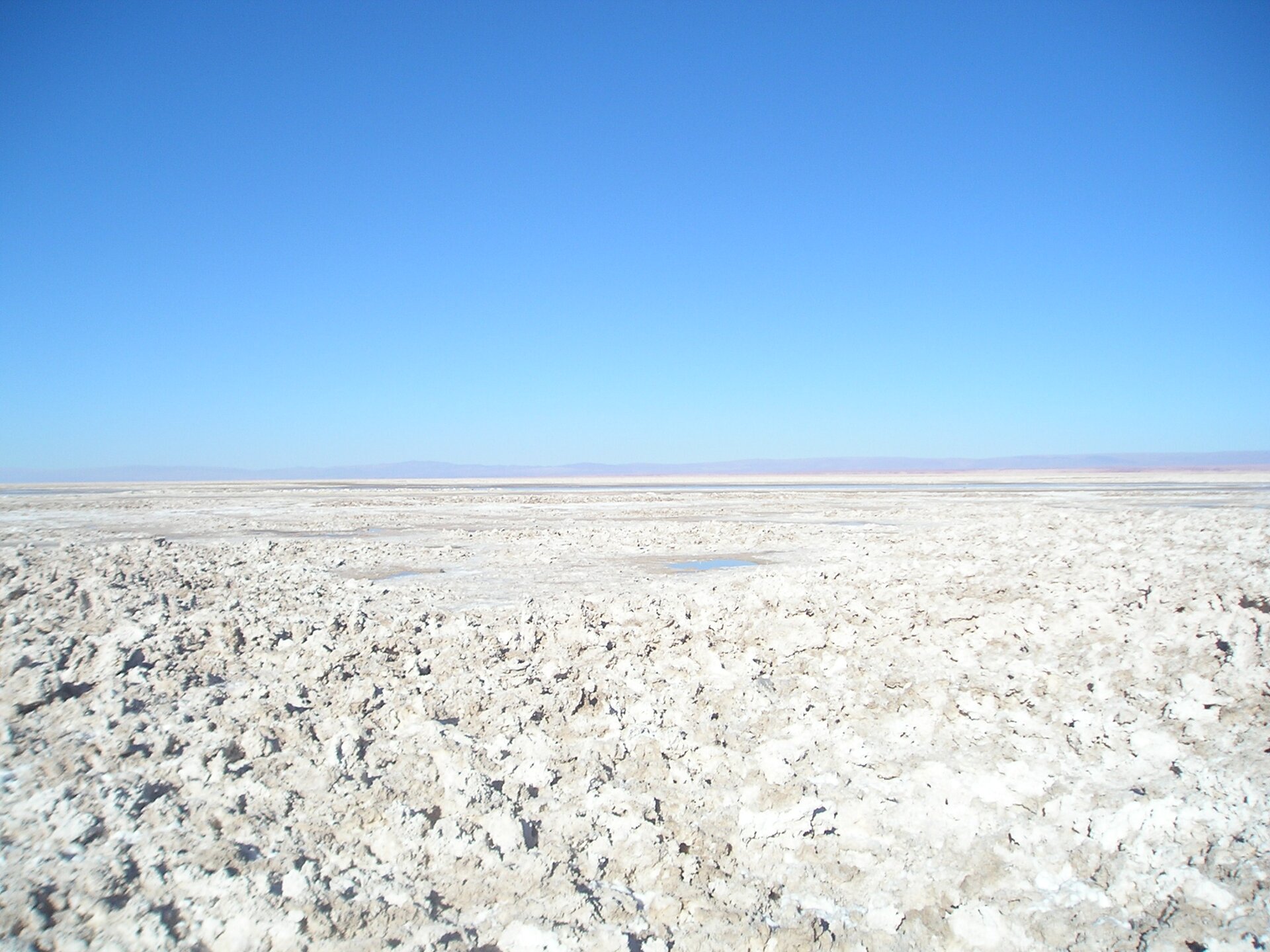 Zdjęcie przedstawia solnisko Salar de Atacama w Chile. Jest to pustynny teren o jasnoszarej powierzchni, która jest pofałdowana. Pustynia ciągnie się po horyzont, gdzieniegdzie widać niewielkie kałuże wody.