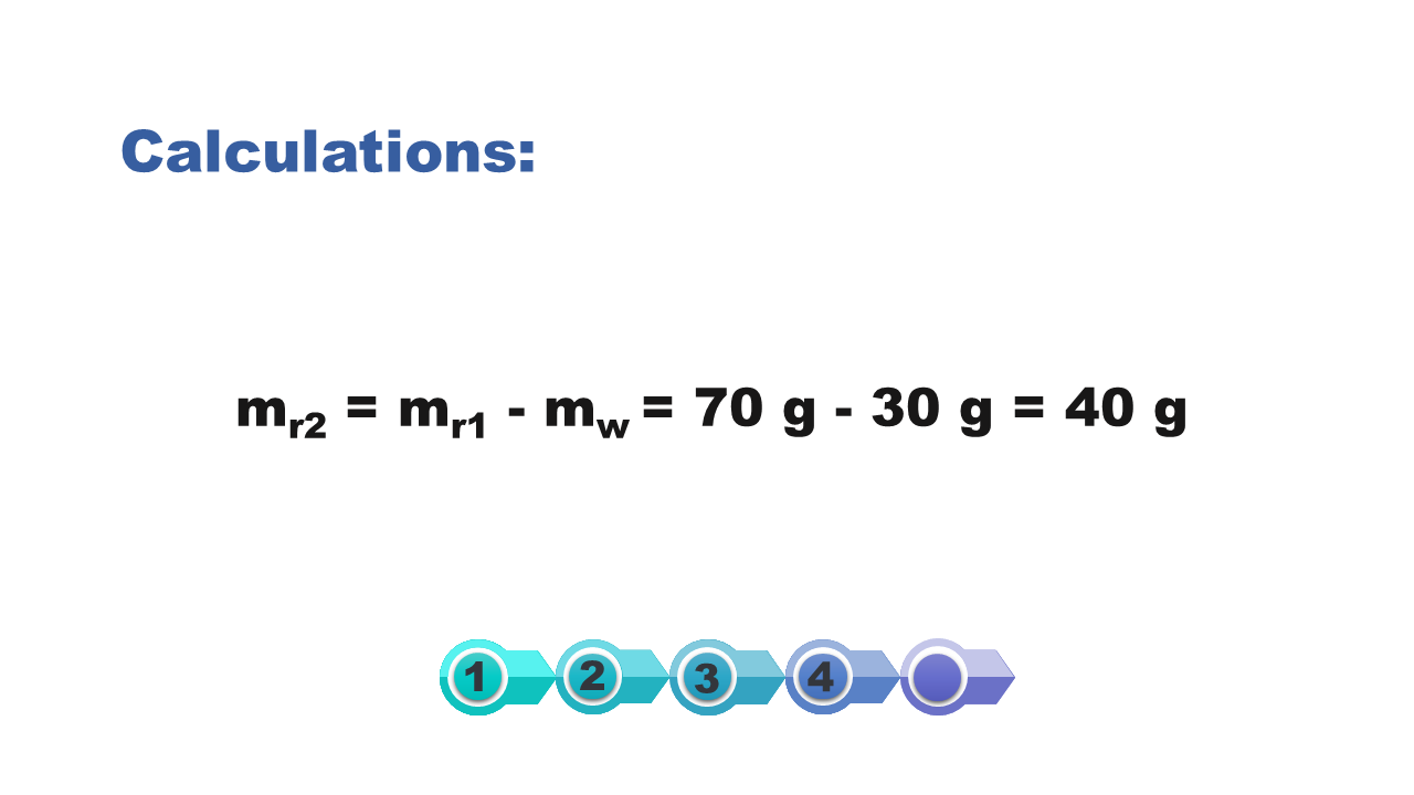 Ilustracja przedstawia napisy: mr2= mr1- mw= 70g-30g=40g.