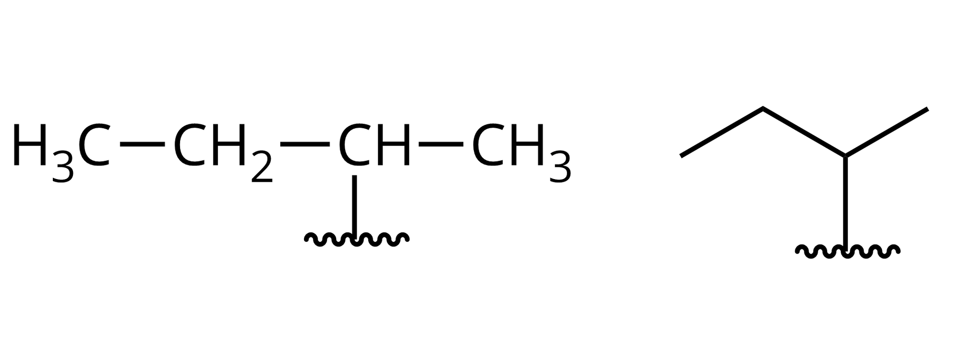 Ilustracja przedstawiająca dwa wzory półstrukturalny i kreskowy grupy butan-2-ylowej o strukturze grupa C H, od której odchodzi wiązanie przecięte pod kątem prostym falistą linią i która łączy się z grupą metylową CH3 oraz grupą etylową CH2 CH3.