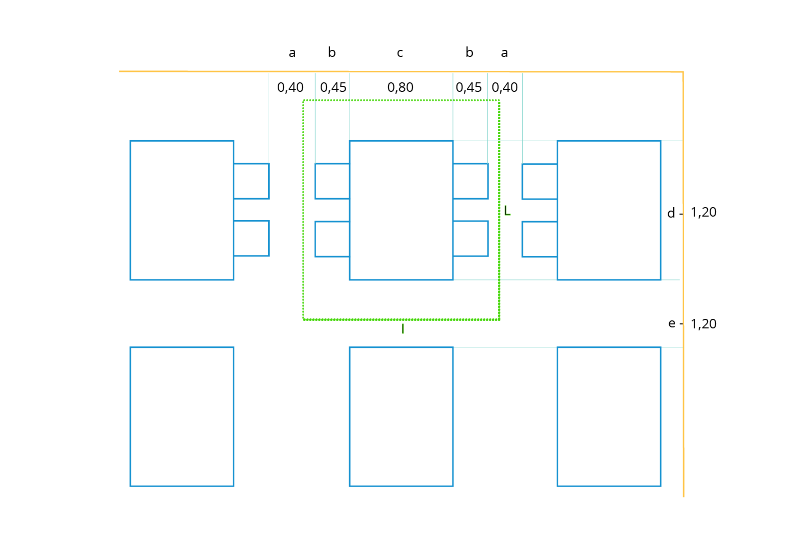 Na grafice zaprezentowany jest przykład szacowania powierzchni wnętrza, w którym odbędzie się przyjęcie, przy założeniu wykorzystania prostokątnych stolików. W centralnej części grafiki znajduje się sześć prostokątów oznaczających stoły. Jeden z nich znajduje się w zielonej ramce, której boki zostały oznaczone literą "L".  Odległość między dwoma krzesłami oznaczono jako "a‑0,40", wielkość krzesła to "b‑0,45" a długość krótszego boku stołu to "c‑0,80". Dłuższy bok stołu oznaczono jako "d‑120", a odległość pomiędzy dwoma stołami to "e‑1,20"
