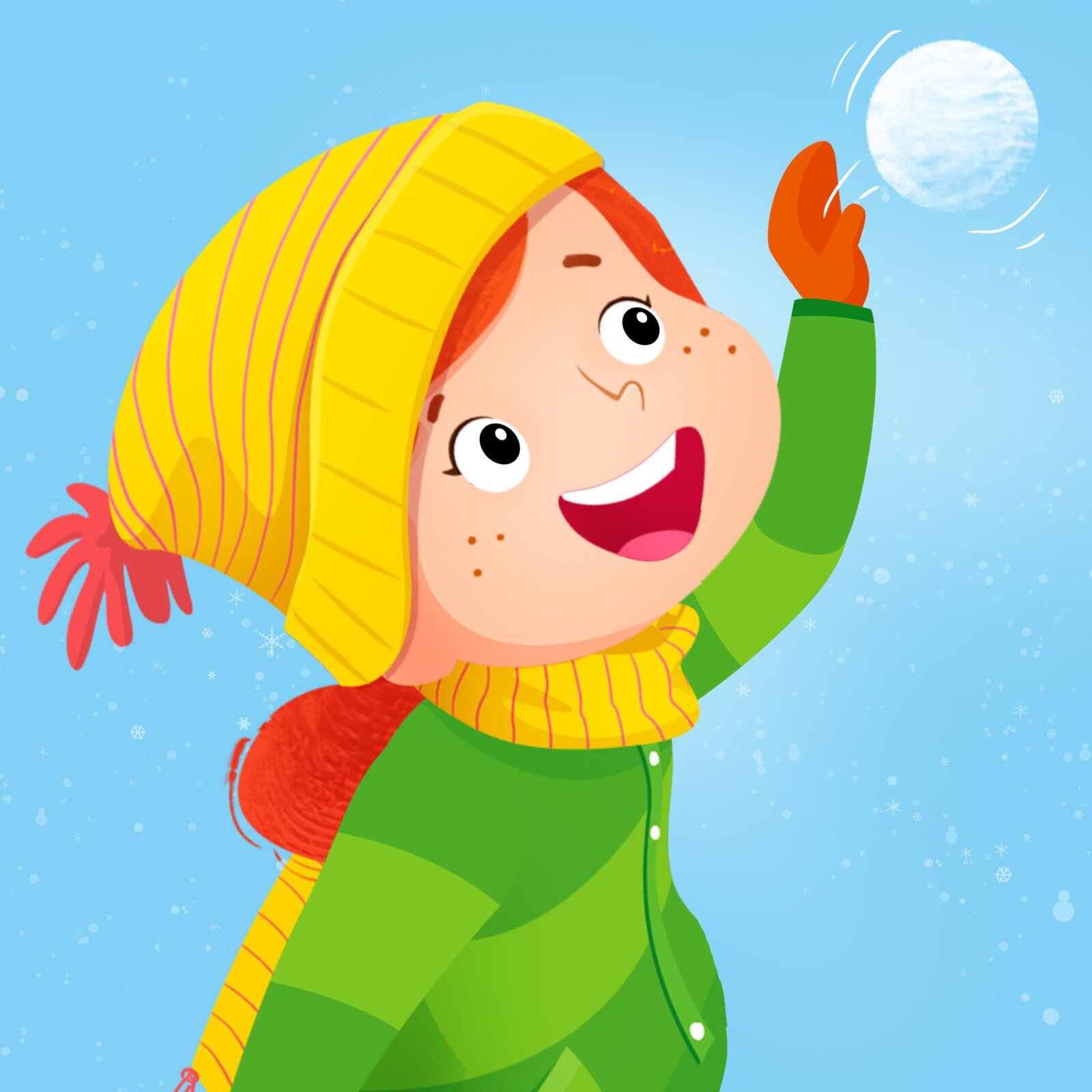 Ilustracja przedstawia dziewczynkę rzucającą śnieżką.