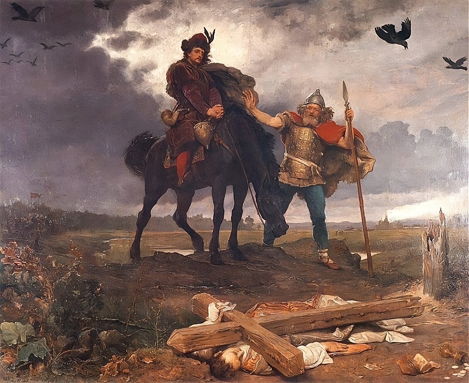 Kliknij, aby powiększyć Na obrazie książę na koniu, a obok niego żołnierz wspiera się na włóczni. Przed nim leży mężczyzna w liturgicznej szacie przygnieciony drewnianym krzyżem. Obok nich stoi pozostałość wyłamanego krzyża. Książę jest ubrany w ciemny płaszcz i czapę, to młody człowiek z wąsami. Z boku zwisa mu hełm oraz róg. Żołnierz ma długie siwe włosy i hełm na głowie. Czarny koń ma spuszczoną głowę w dół. Na ziemi leży książka i puchar oraz monety. W tle ptaki, las i chmury.