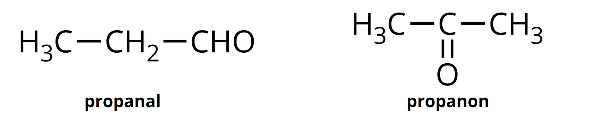 Ilustracja przedstawiająca dwie cząsteczki. Pierwszą stanowi propanal zbudowany z grupy CHO połączonej z grupą CH2 związaną z grupą CH3. Druga cząsteczka to propanon, zwyczajowo nazywany acetonem, który to zbudowany jest z atomu węgla połączonego za pomocą wiązania podwójnego z atomem tlenu oraz za pomocą wiązań pojedynczych z dwiema grupami metylowymi CH3.