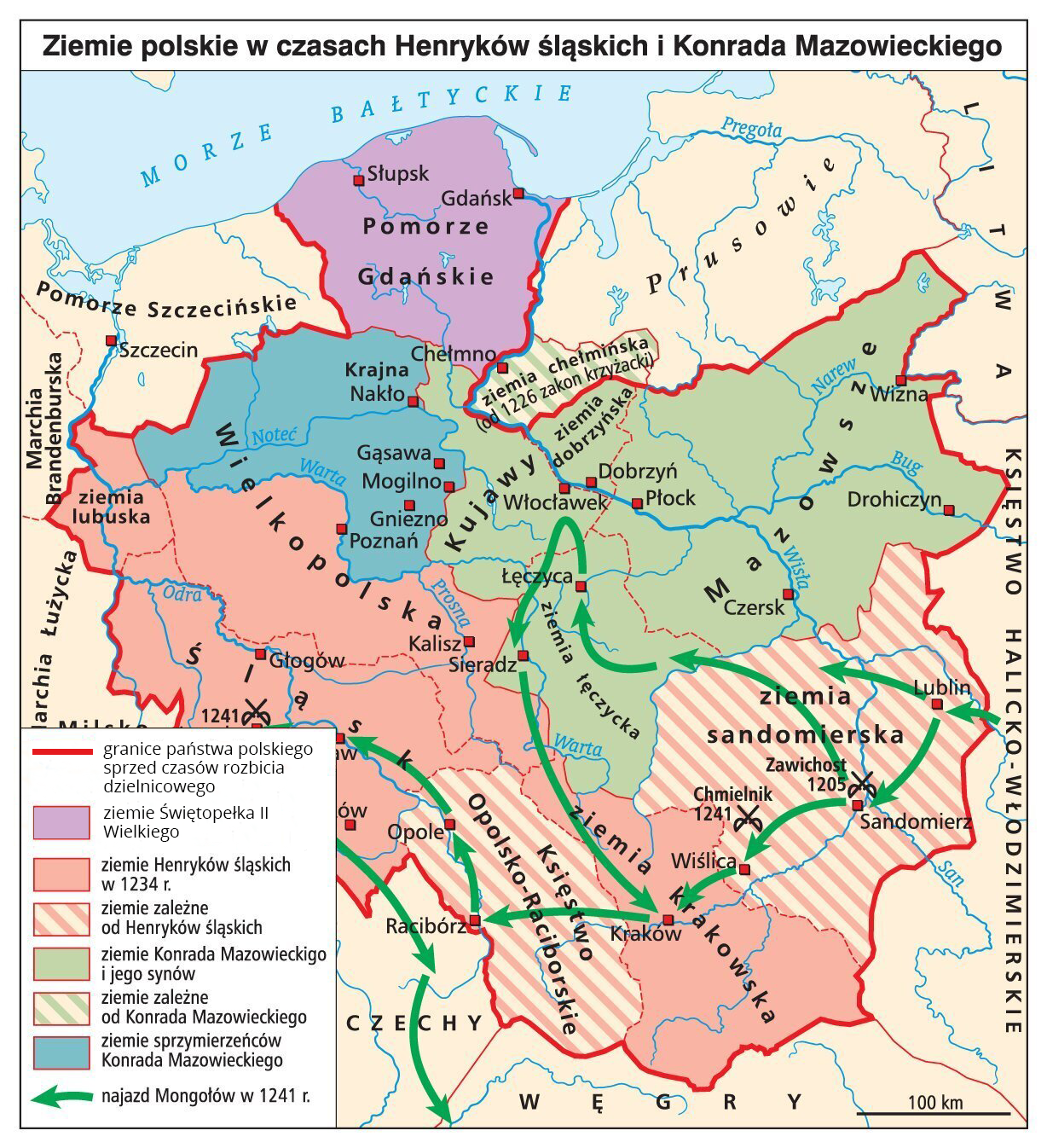 Mapa przedstawia ziemie polskie w czasach Henryków śląskich i Konrada Mazowieckiego. Ziemie Świętopełka drugiego Wielkiego to Pomorze Gdańskie. Ziemie Henryków Śląskich w 1234 roku to Śląsk, ziemia lubuska, ziemia krakowska. Ziemie zależne od Henryków śląskich to Księstwo Opolsko Raciborskie oraz ziemia sandomierska. Ziemie Konrada Mazowieckiego i jego synów to Mazowsze, ziemia łęczycka, ziemia dobrzyńska i Kujawy. Ziemie zależne od Konrada Mazowieckiego to ziemia chełmińska. Od 1226 roku był to zakon krzyżacki. Ziemie sprzymierzeńców Konrada Mazowieckiego to tereny pomiędzy Notecią a Wartą z miastami Gąsawa, Mogilno, Gniezno, Poznań. Najazd Mongołów w 1241 roku szedł od Księstwa Halicko Włodzimierskiego na Lublin, Sandomierz. Z Sandomierza na Łęczycę, Sieradz, Kraków oraz do Wiślicy i do Krakowa. Następnie na Racibórz, Opole, Wrocław i na Czechy.