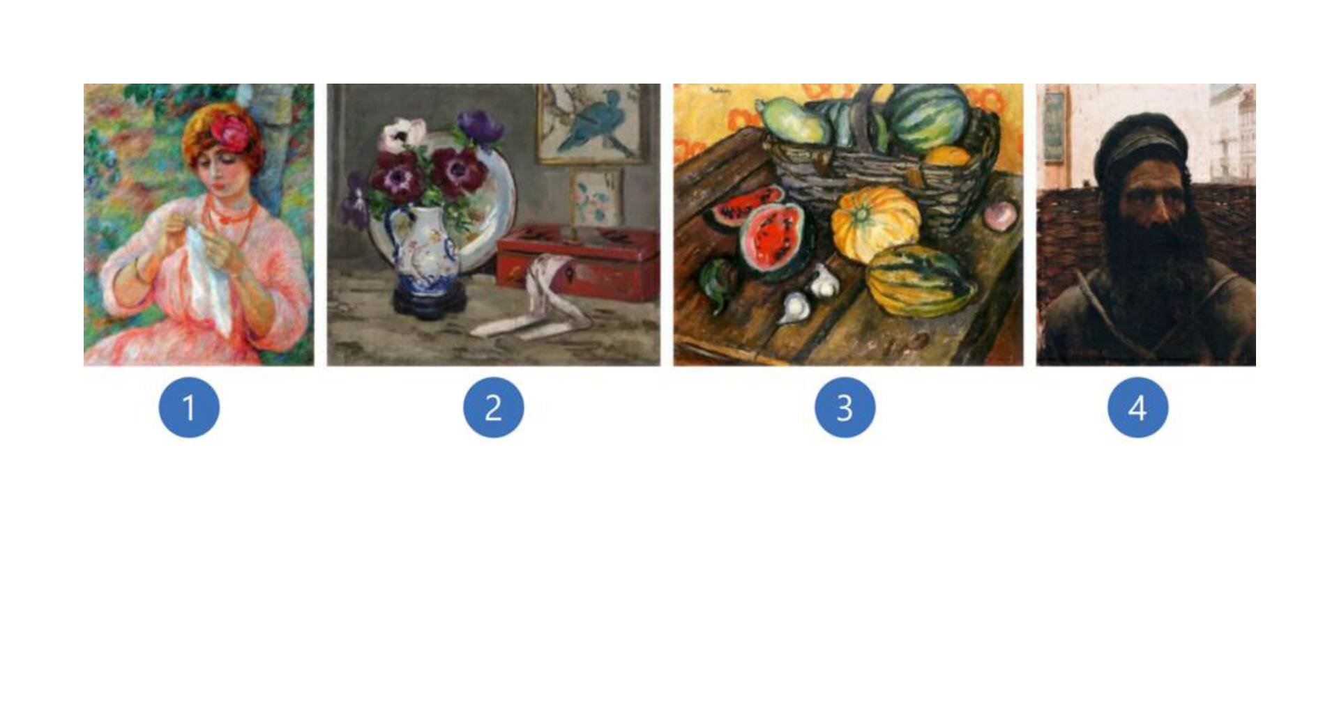 W zadaniu wykorzystano fragmenty obrazów, które przedstawiają: kobietę w różowej sukni, trzymającą w ręce białą chusteczkę; martwa natura na wazon z kwiarami; martwa natura z dyniami i arbuzami w koszu i poza nim; mężczyzna z ciemną brodą i wąsami - nie widać mu ust.