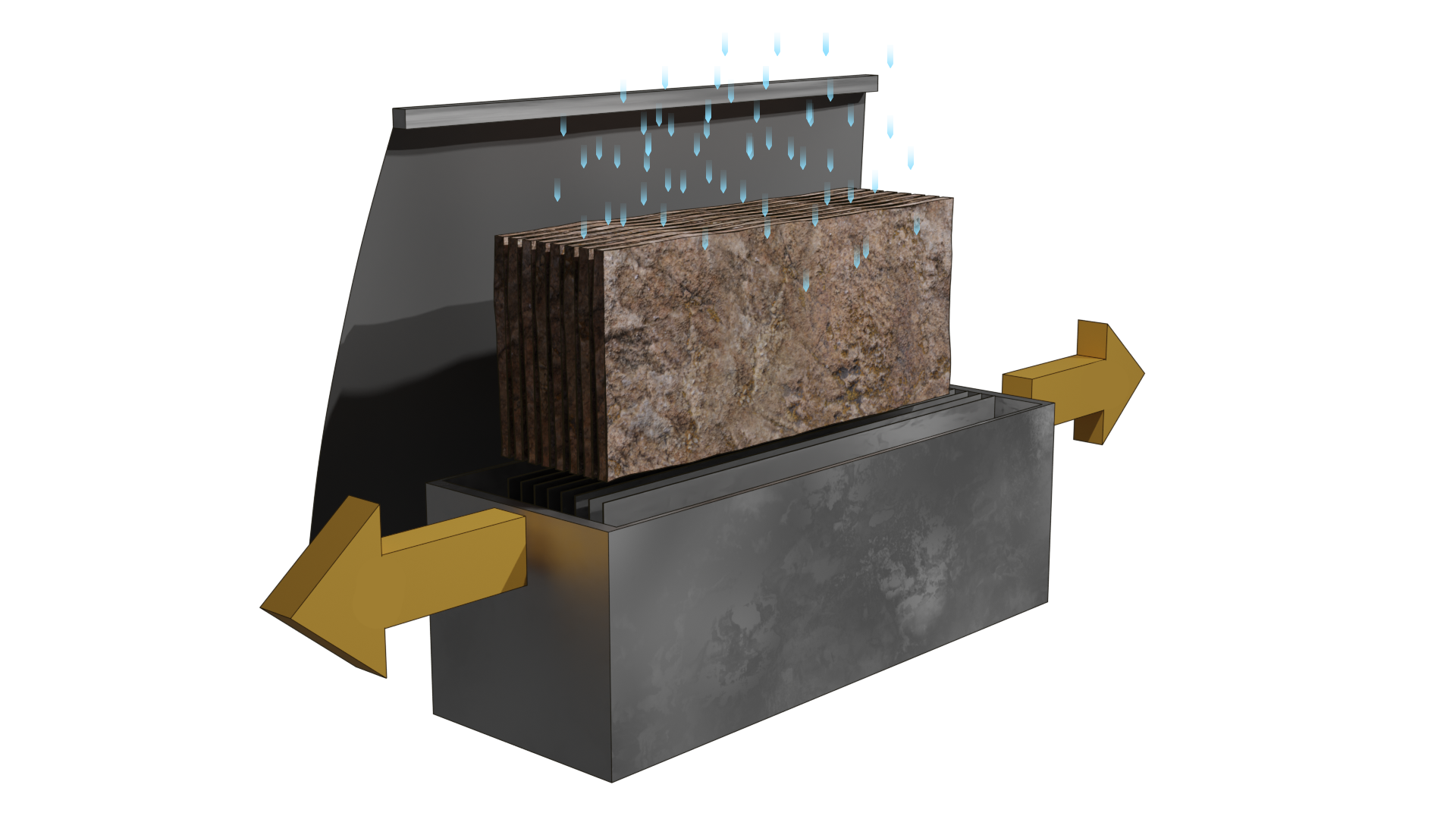 Grafika ilustruje cięcie bloku za pomocą traka piłowego. Materiał skalny rozcięty jest na osiem równych płyt. Podczas cięcia polewany jest wodą zapewniającą chłodzenie.

