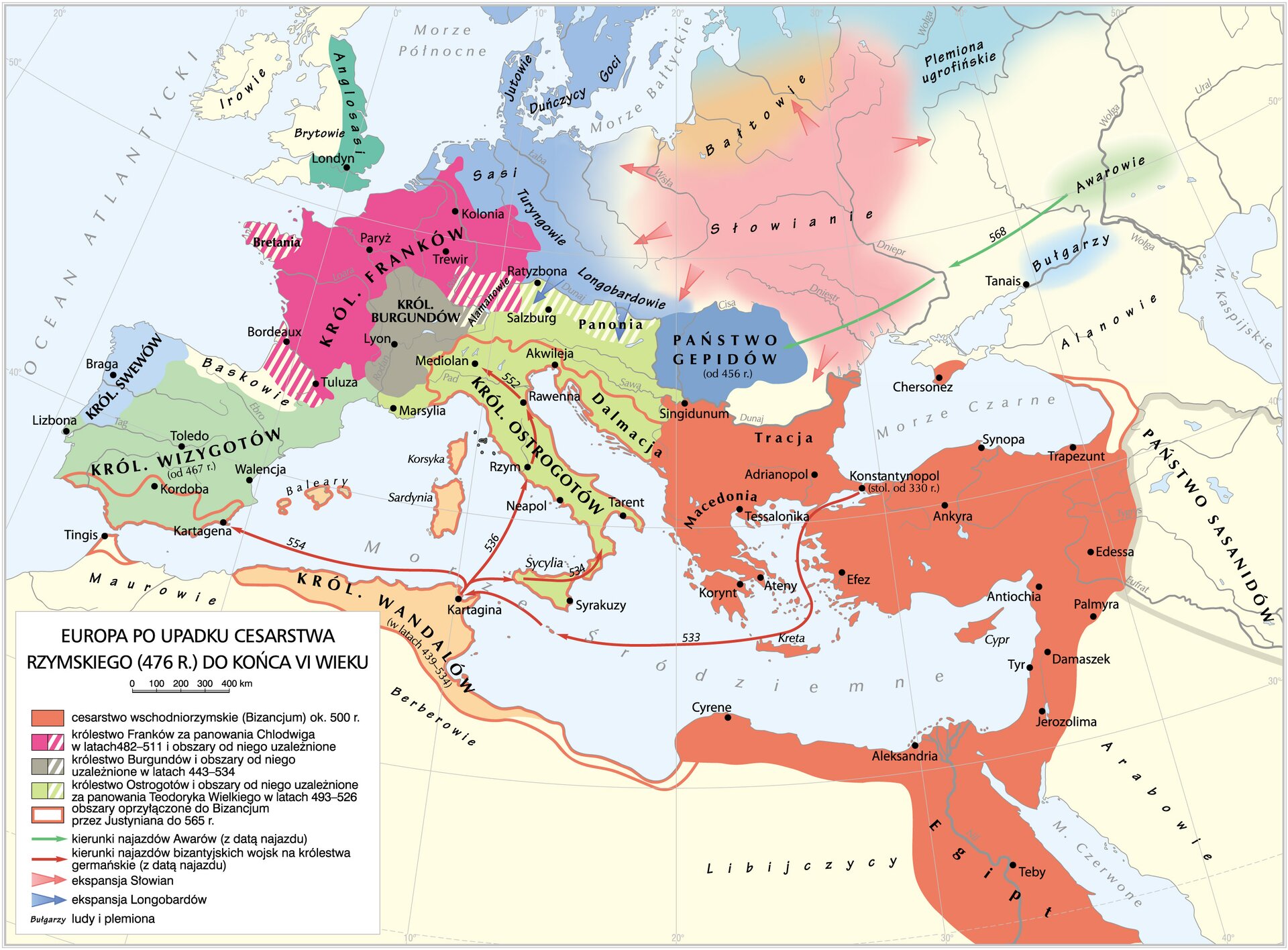 Mapa przedstawia Europę  oraz  Afrykę po upadku cesarstwa rzymskiego (476 r.) do końca VI wieku. Na mapie zaznaczono cesarstwo wschodniorzymskie (Bizancjum) ok. 500 r., które obejmuje: Kretę, Korynt, Ateny,  Tessalonikę, Macedonię, Adrianopol Singidunum, Trację, Konstantynopol, Efez, Ankyrę, Chersonez, Synopę, Trapezunt,  Antiochę, Edessę, Pamyrę, Damaszek, Cypr, Tyr, Jerozolimę, Aleksandrię, Egipt, Cyrenę. Sąsiaduje ono od wschodu z Państwem  Sasanidów, a od zachodu z Królestwem Wandalów oraz Ostrogotów. Od północy oblewa je Morze Czarne, a od południa Morze Śródziemne. 
 Królestwo Franków za panowania Chlodwiga w latach 482-511 i obszary od niego uzależnione to: Królestwo  Franków, Bretania,  Francja (Tuluza, Bordeaux, Trewir). Sąsiaduje z Królestwem Wizygotów od zachodu, od południa z  Królestwem Burgundów.
Królestwo Burgundów i obszary od niego uzależnione w latach 443-534 obejmuje  Królestwo Burgundów z Lyonem. Sąsiaduje z Królestwem Franków od północy i zachodu, z Królestwem Wizygotów od zachodu i Królestwem Ostrogotów od południa.
Królestwo Ostrogotów i obszary od niego uzależnione za panowania Teodoryka Wielkiego w latach 493-526 obejmuje Królestwo Ostrogotów. Mediolan, Marsylię, Rzym, Neapol, Sycylię,  Tarent, Akwileję, Dalmację, Salzburg, Panonię. Sąsiaduje z Państwem Gepidów oraz Bizancjum od wschodu, od południa oblewa je Morze Śródziemne, od północy z Królestwem Franków i od zachodu z Królestwem Burgundów.
Obszary przyłączone do Bizancjum przez Justyniana do 565 r. obejmują: Królestwo Wandalów, Królestwo Ostrogotów, Dalmację, Sardynię, Korsykę,  Baleary, część Królestwa Wizygotów (Kordoba, Kartagena, Tingis), Turcja (okolice Trapezuntu).
Na mapie zaznaczono kierunki najazdu Awarów (z datą najazdu), które skierowane były na Państwo Gepidów w 568 r.  Kierunki najazdów bizantyjskich wojsk na królestwa germańskie (z datą najazdu):  Kartagina w 533 r.,  Sycylia w 534 r., Neapol w 536 r., Kartagena w 554 r., Mediolan w 552 r. Ekspansja Słowian obejmowała Dniepr, Morze Czarne,  Dniestr, dorzecze Wołgi, Królestwo Franków. Ekspansja Longobardów to Salzburg i  Panonia.