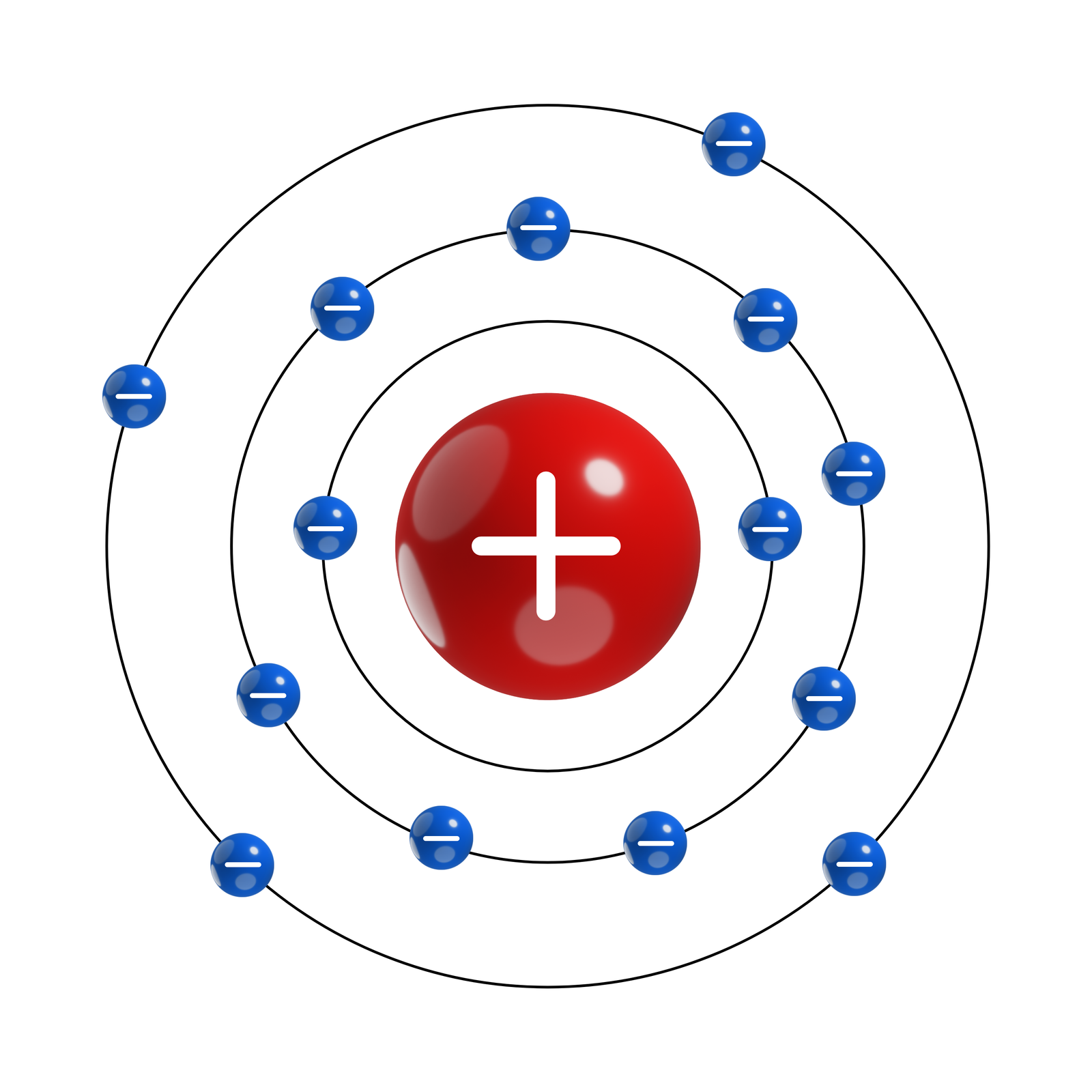 Ilustracja przedstawia model atomu krzemu. W centralnym punkcie znajduje się czerwone koło (proton) z plusem, a wokół niego na okręgach znajdują się niebieskie kółka (elektron) z minusem.