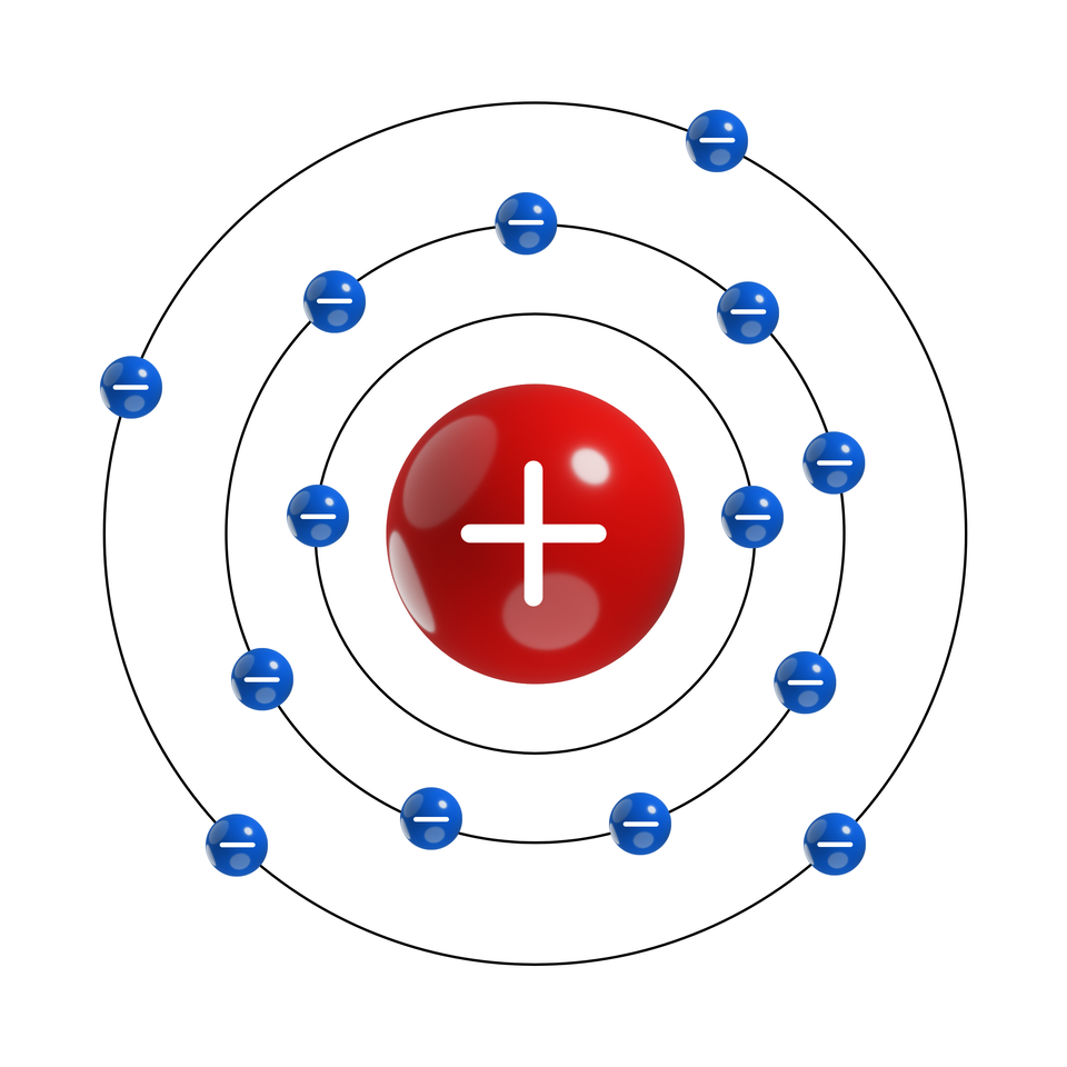 Ilustracja przedstawia model atomu krzemu. W centralnym punkcie znajduje się czerwone koło (proton) z plusem, a wokół niego na okręgach znajdują się niebieskie kółka (elektron) z minusem.