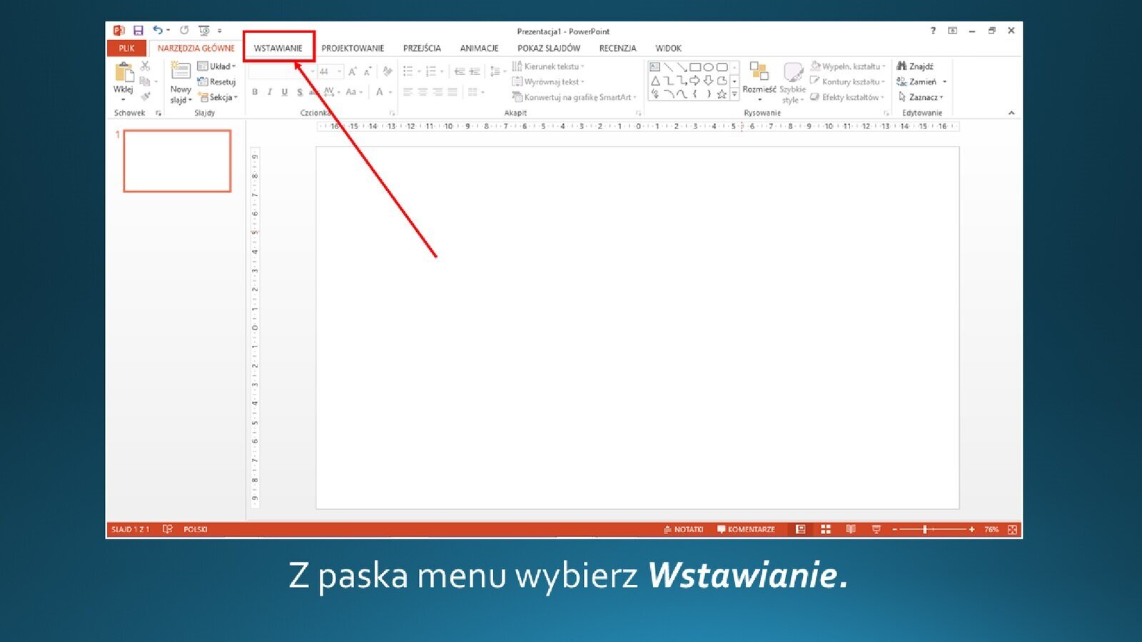 Zrzut okna z wstawiania grafiki na slajd o pustym układzie w programie Microsoft PowerPoint. Poniżej treść: "Z paska menu wybierz Wstawianie".