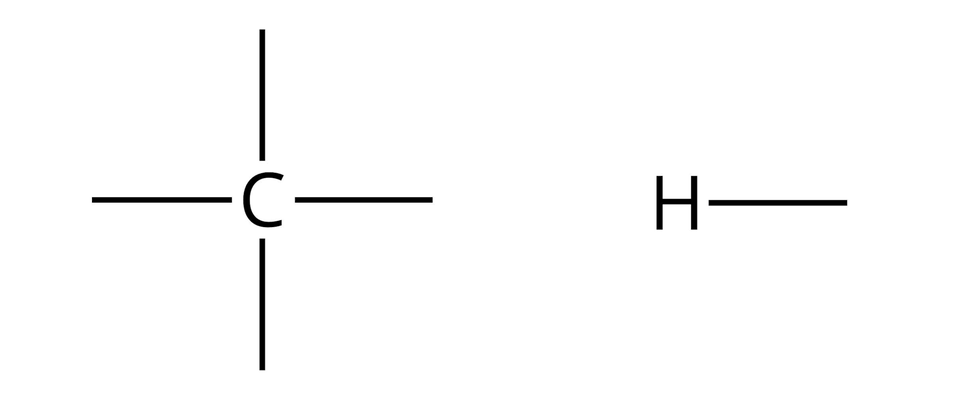Na ilustracji ukazano zestawienie dwóch wzorów. Z lewej strony znajduje się atom węgla C, od którego odchodzą cztery wiązania pojedyncze. Z prawej strony przedstawiono atom wodoru H, od którego odchodzi jedno wiązanie pojedyncze.