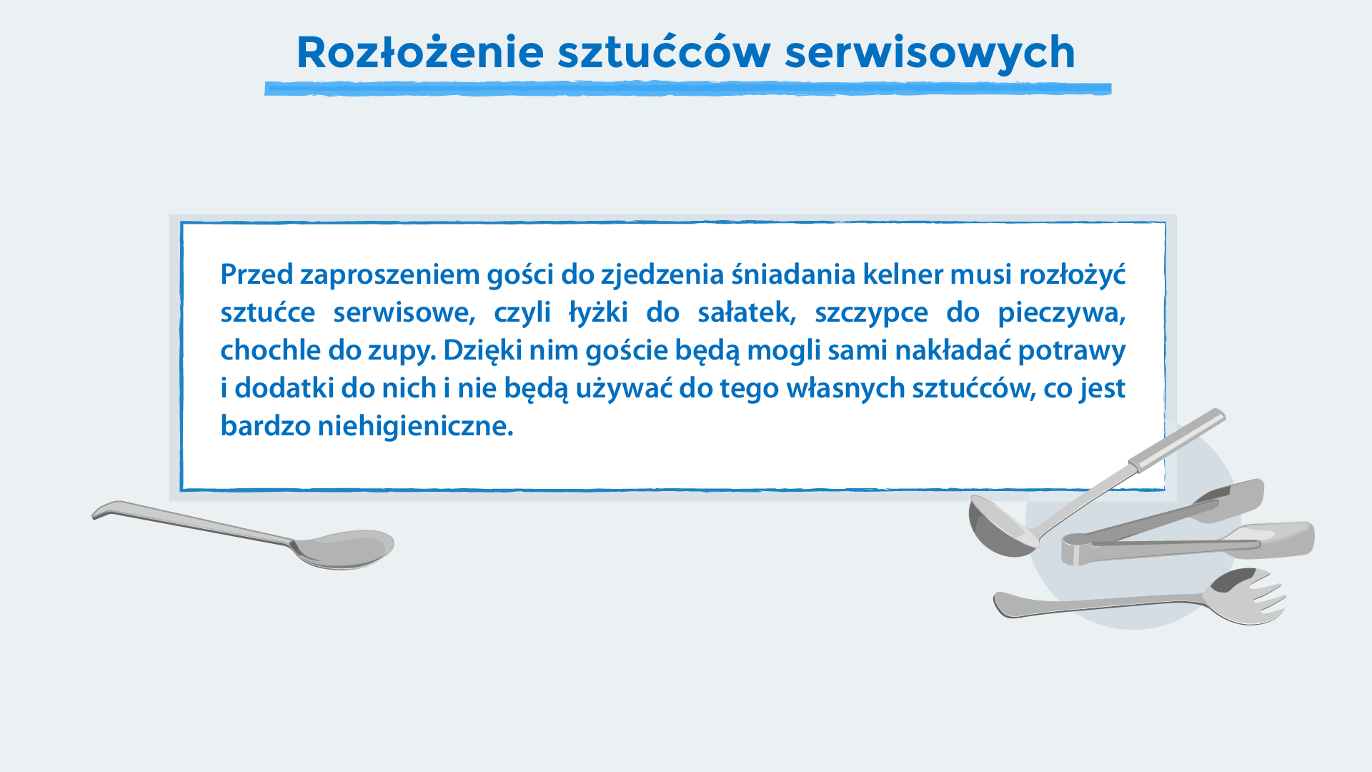 Grafika o tytule: Rozłożenie sztućców serwisowych. Na grafice tekst: ,,Przed zaproszeniem gości do zjedzenia śniadania kelner musi rozłożyć sztućce serwisowe, czyli łyżki do sałatek, szczypce do pieczywa, chochle do zupy. Dzięki nim goście będą mogli sami nakładać potrawy i dodatki do nich i nie będą używać do tego własnych sztućców, co jest bardzo niehigieniczne.'' oraz rysunki sztućców.