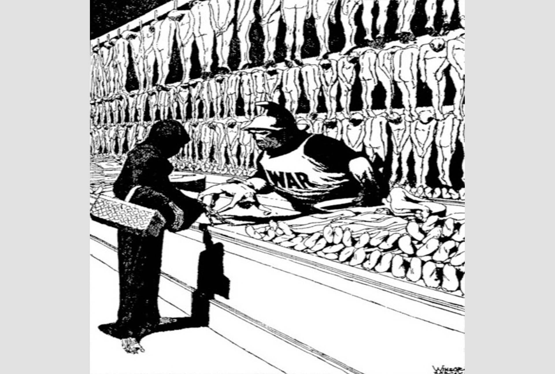 Ilustracja czarno-biała przedstawiająca zamaskowaną postać, która trzyma koszyk w ręku i robi zakupy. Na straganie wystawione są sylwetki ludzi. Sprzedawca ma na sobie koszulkę z napisem: War i podaje zamaskowanej postaci jedną sylwetkę człowieka.