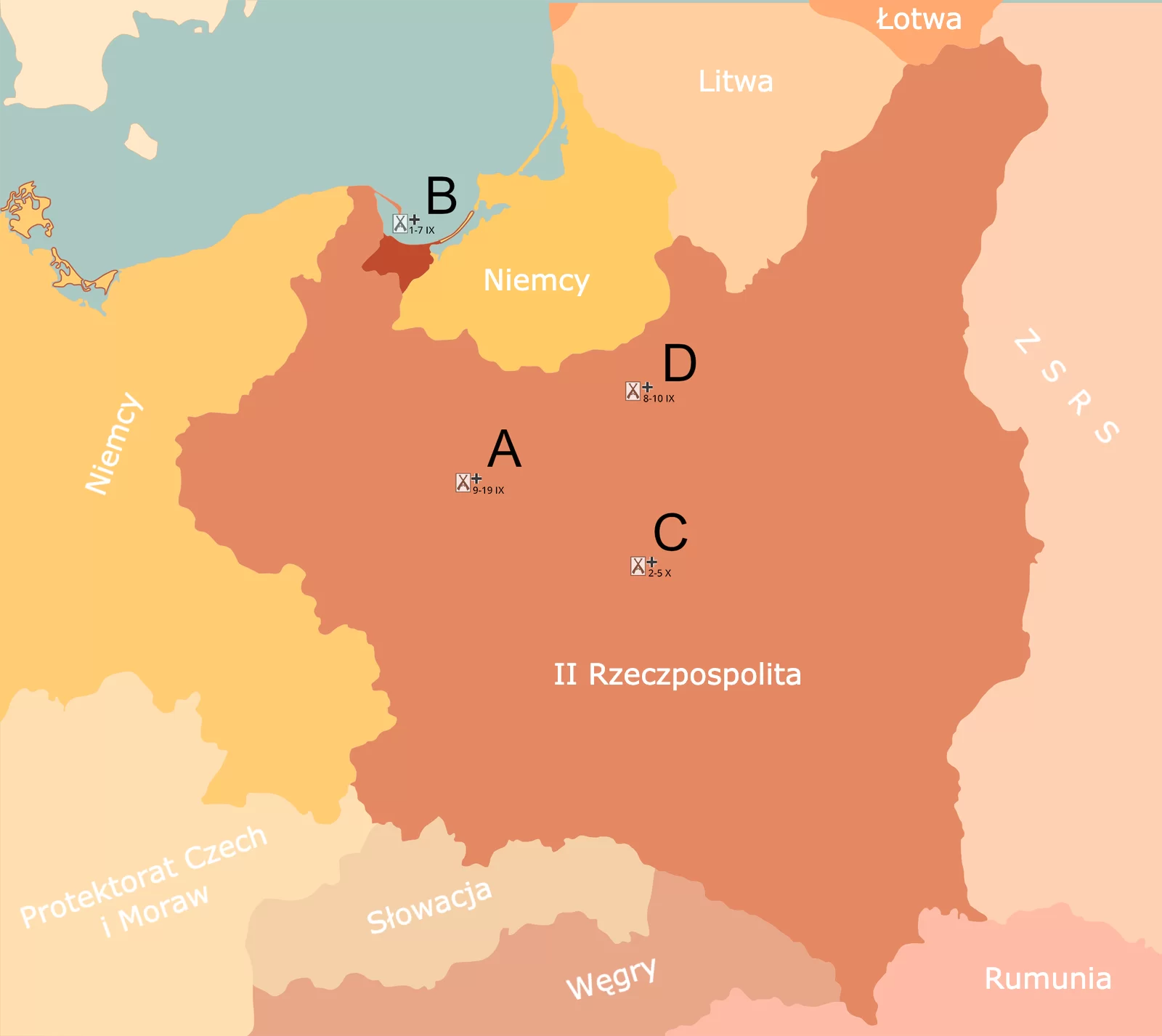 Ilustracja przedstawiająca mapę Polski i jej sąsiadów w momencie wybuchu II wojny światowej. II Rzeczpospolita na mapie oznaczona jest w kolorze ciemnopomarańczowym. Niemcy na mapie oznaczone są w kolorze żółtym. Wolne Miasto Gdańsk oznaczone jest kolorem brązowym. Litwa oznaczona jest w kolorze beżowym. Łotwa oznaczona jest w kolorze pomarańczonym, Rumunię oznaczono w kolorze różowym. Węgry oznaczono kolorem ciemnobeżowym. Słowację oznaczono w odcieniu koloru beżowego. Protektorat Czech i Moraw oznaczono odcieniu koloru beżowego. ZSRS oznaczono w kolorze różowo‑beżowym. Na mapie oznaczono miejsca bitew: A) 9‑19 IX - bitwa nad Bzurą B) 1‑7 IX - bitwa pod Westerplatte C) 2‑5 X - bitwa pod Kockiem D) 8‑10 IX - bitwa pod Wizną