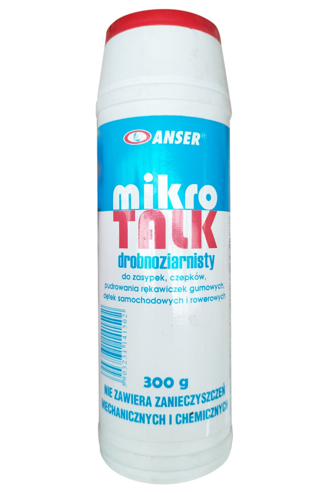 Zdjęcie przedstawia talk stosowany do zasypania łyżeczek dźwigni tłumikowych oraz dźwigni głównych, sztangi tłumikowej oraz wałeczków fortepianowych (bródek młotka) w celu zwiększenia poślizgu elementów, które ze sobą współpracują. Widoczny jest cylindryczny, biały pojemnik z czerwoną nakrętką, pośrodku której znajduje się biało‑niebieska etykieta z napisami, u góry mikro Talk.