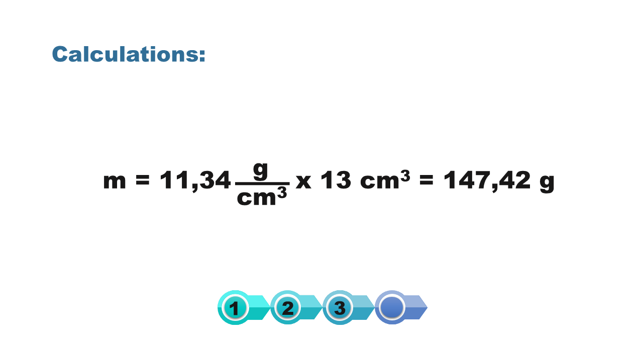 Grafika przedstawia obliczenie dla podanych wcześniej danych. Masa ołowiu wynosi sto czterdzieści siedem przecinek czterdzieści dwa gramy.