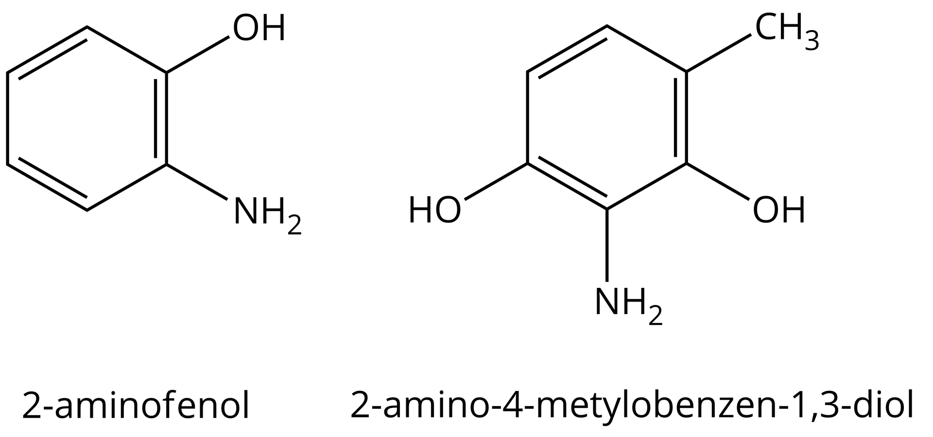 Ilustracja przedstawia wzory dwóch związków. Wzór cząsteczki 2-aminofenolu zbudowanego z sześcioczłonowego pierścienia aromatycznego, w którym atom węgla w pozycji pierwszej podstawiony jest grupą hydroksylową OH, zaś w pozycji drugiej grupą aminową NH2. Wzór cząsteczki 2-amino-4-metylobenzeno-1,3-diolu zbudowanego z sześcioczłonowego pierścienia aromatycznego, w którym atomy węgla w pozycjach pierwszej oraz trzeciej podstawione są grupami hydroksylowymi OH, w pozycji drugiej grupą aminową NH2, a także w pozycji czwartej grupą metylową CH3.