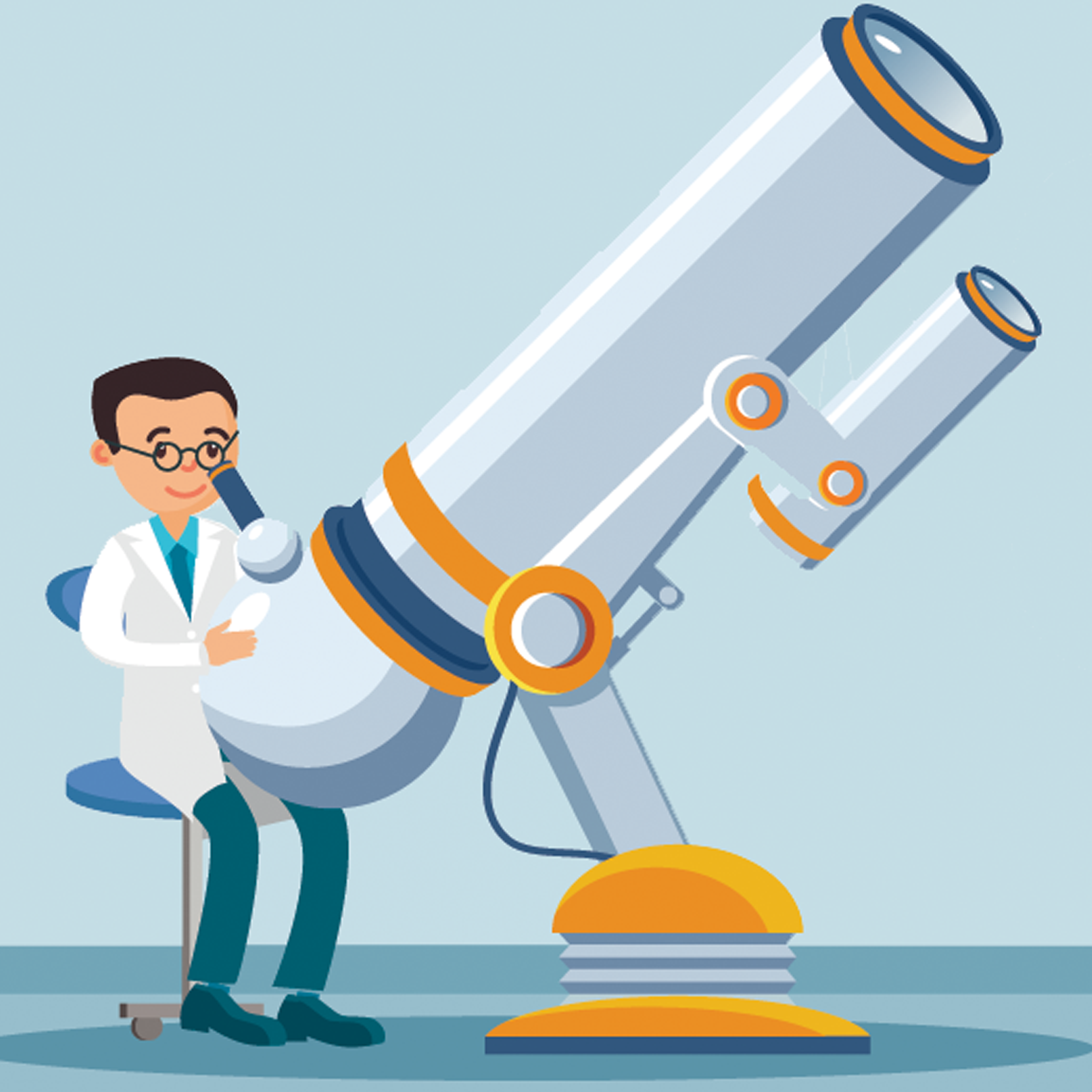 Ilustracja przedstawia naukowca siedzącego przed ogromnym teleskopem.