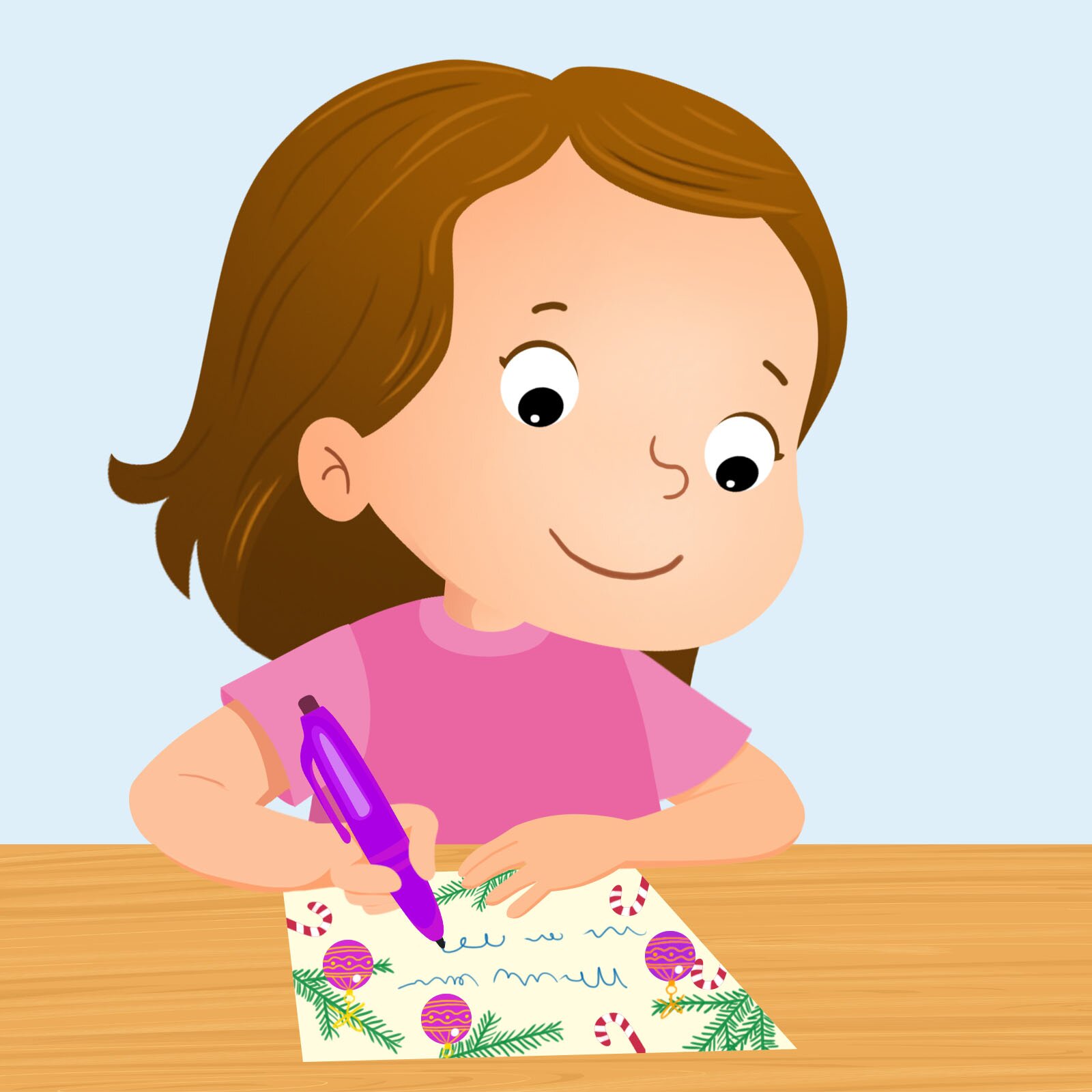Ilustracja przedstawia uśmiechniętą dziewczynkę w różowej koszulce. Dziecko siedzi przy stole i pisze list do świętego Mikołaja.