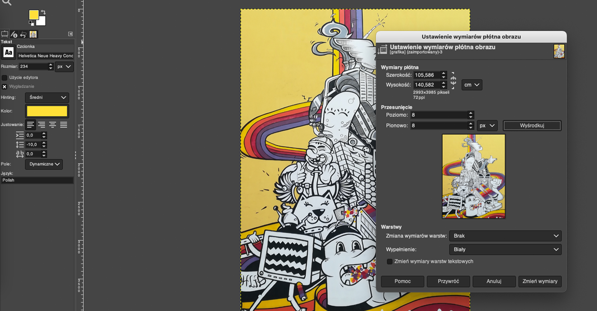 Ilustracja przedstawia okno programu. Po lewej stronie jest panel dotyczący czcionki. Wybrano Helvetica Neue Heavy. Rozmiar: 234 piksele. Hinting: średni. Kolor: żółty. Na tle grafiki w obszarze roboczym jest okno zatytułowane: Ustawienie wymiarów płótna obrazu. Dane z okna: szerokość 105,586, wysokość 140,582 cm. Przesunięcie: poziomo 8, pionowo 8, px, wyśrodkuj. Warstwy: zmiana wymiarów warstw - brak, wypełnienie - biały. Na dole okna przyciski: pomoc, przywróć, anuluj, zmień wymiary.  