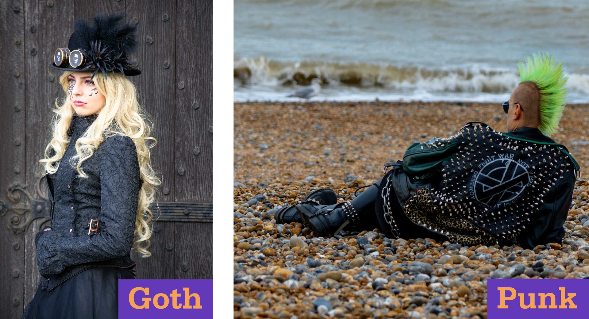 Ilustracja przedstawia dwie postaci. Z lewej strony znajduje się kobieta w czerni – ma na sobie czarną spódnicę, czarną kurtkę, czarny kapelusz i okulary. Obok pojawia się napis: GOTH. Z prawej strony pojawia się mężczyzna w czarnej kurtce z ćwiekami, z czarnymi butami i czarnymi skórzanymi spodniami. Na głowie ma włosy ułożone w postaci zielonego irokeza. Obok znajduje się napis: Punk. 