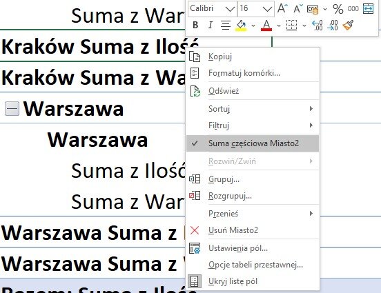 Ilustracja przedstawia fragment arkusza kalkulacyjnego z kolumną Suma zawierającą dane dotyczące Sumy z Ilości oraz Sumy z Wartości z Warszawy. Na tle tych danych znajduje się otwarte okno dialogowe z menu kontekstowym i podświetlonym na nim poleceniem Sumuj częściowa Miasto2.