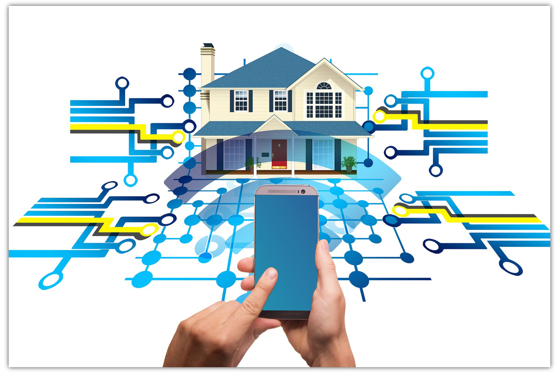 Grafika ukazuje dłoń trzymającą telefon komórkowy. Na drugim planie projekt domu jednorodzinnego. 