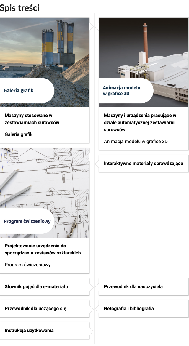 Ilustracja przedstawiająca spis treści. Na pionowej osi znajdują się po dwie ilustracje i tematy sekcji. Po lewej stronie znajduje się zdjęcie składowiska surowców i napis: Galeria grafik. Maszyny stosowane w zestawieniach surowców. Po prawej stronie znajduje się zdjęcie modelu fabryki i napis: Animacja modelu w grafice 3D. Maszyny i urządzenia pracujące w dziale automatycznej zestawiarni surowców. 