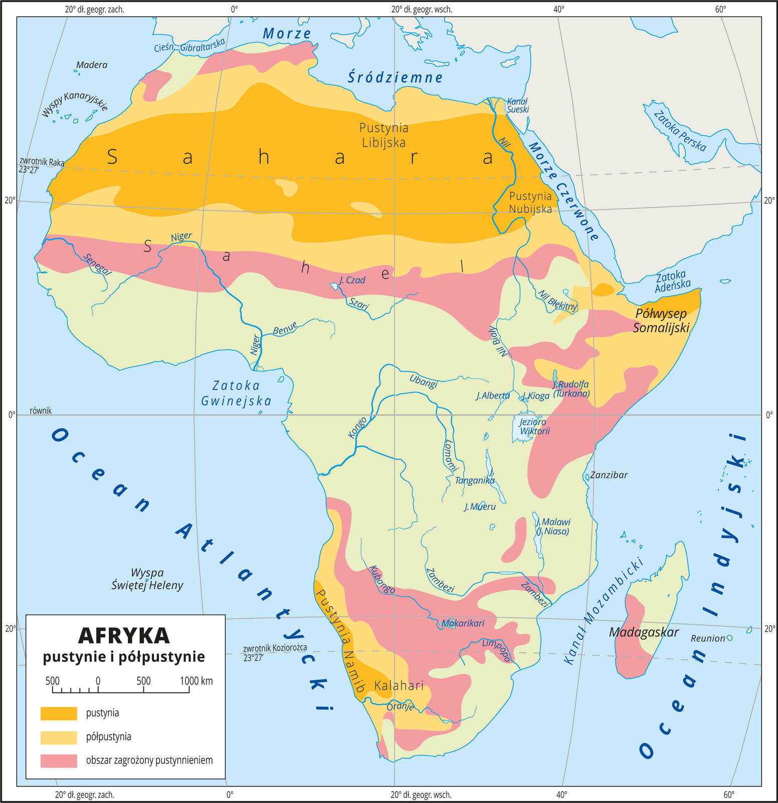 Ilustracja przedstawia mapę pustyń i półpustyń Afryki. W lewym dolnym rogu mapy znajduje się legenda. Umieszczono i opisano w niej kolory użyte na mapie. Kolorami przedstawiono obszary pustynne w północnej części Afryki (ciemnożółty), półpustynne – przylegające bezpośrednio do pustyń (jasnożółty) oraz  obszary zagrożone pustynnieniem (rejon Sahelu, okolice Jeziora Wiktorii oraz południe kontynentu - kolor różowy). Pustynia Sahara znajduje się na północy Afryki. Poniżej niej znajduje się Sahel. W centralno‑wschodniej części Afryki znajduje się Półwysep Somalijski. Na południowo‑zachodnim wybrzeżu kontynentu znajduje się Pustynia Namib. Mapa pokryta jest równoleżnikami i południkami, które opisano w białej ramce co dwadzieścia stopni. 