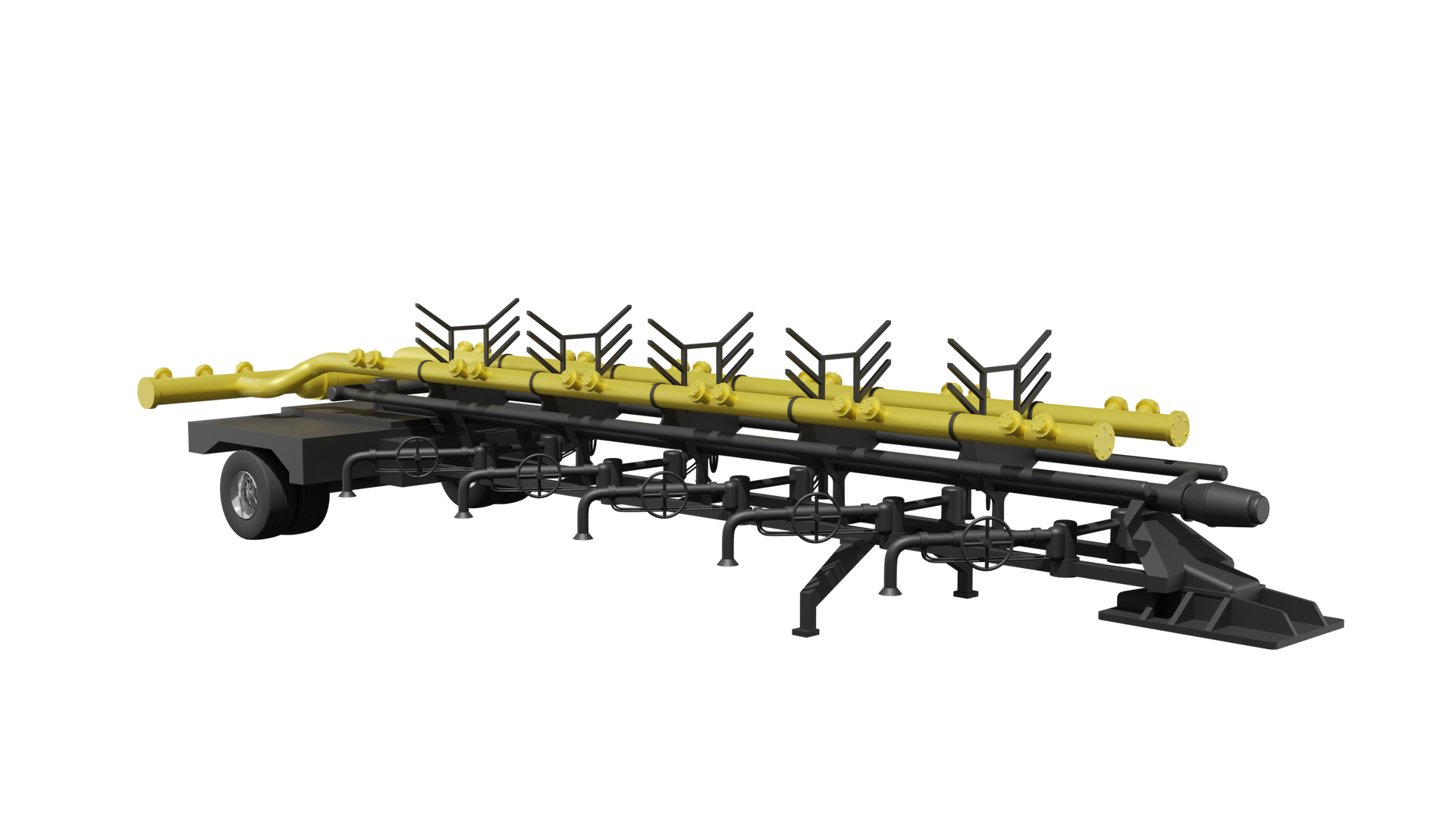  Na zdjęciu znajduje się manifold na podwoziu przyczepy. Na czarnej przyczepie widoczne są dwie długie żółte rury. Rury są w kształcie podłużnych cylindrów. Pomiędzy rurami znajduje się pięć czarnych wsporników. Wsporniki są o kształcie prostokątów. Od dłuższego boku prostokąta odchodzą pod kątem trzy czarne wypustki. Na dole przyczepy widać pięć wylotów przy których znajdują się czarne pokrętła o kształcie okręgów.