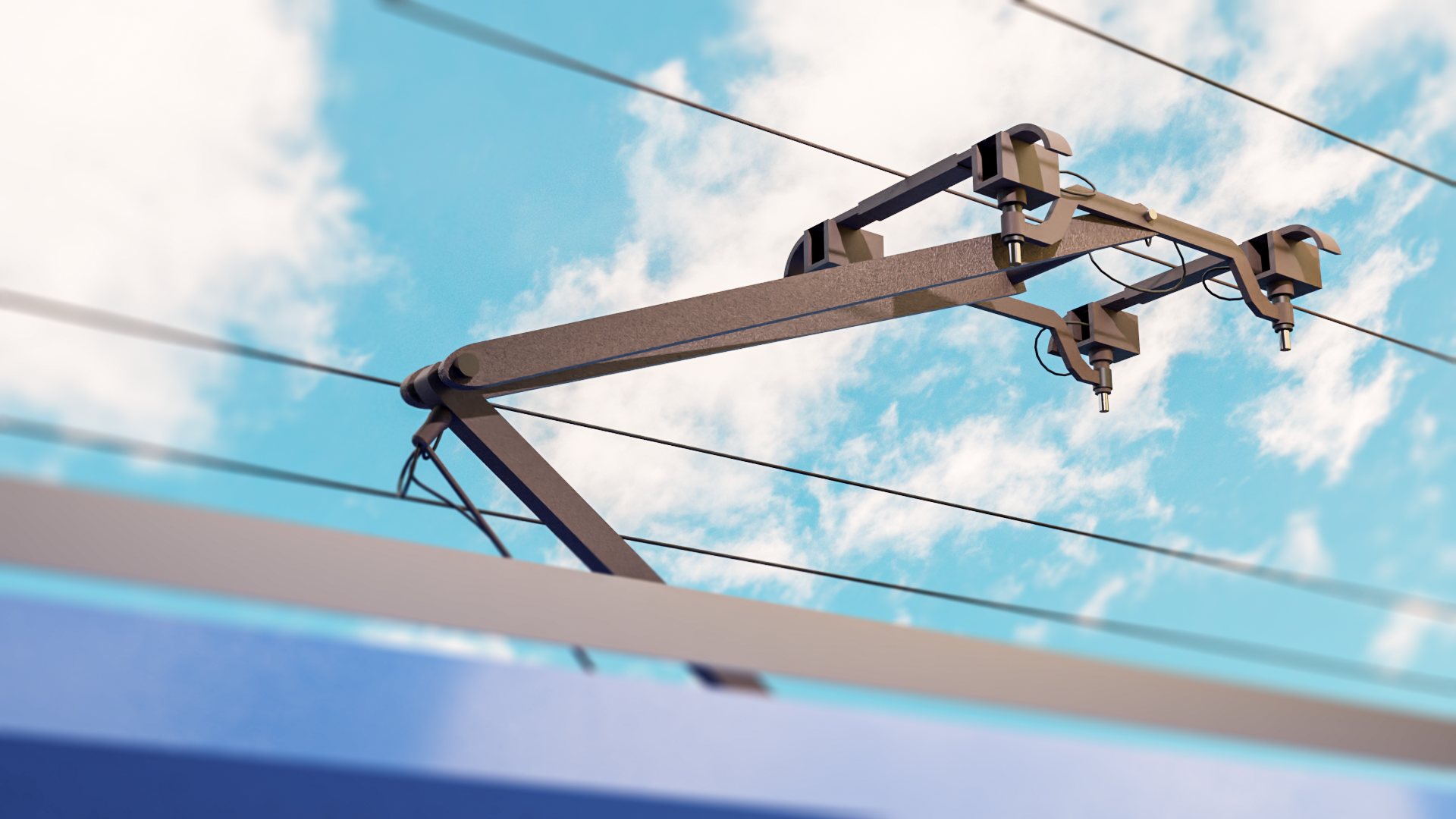 Grafika przedstawia rozłożony pantograf. Pojedyncze ramię z jednym zgięciem unosi ślizgacz w górę, aby zetknął się on z kablem trakcyjnym. Ślizgacz ma tutaj kształt prostokątnej ramy z poprzeczką do której umocowane jest ramię.