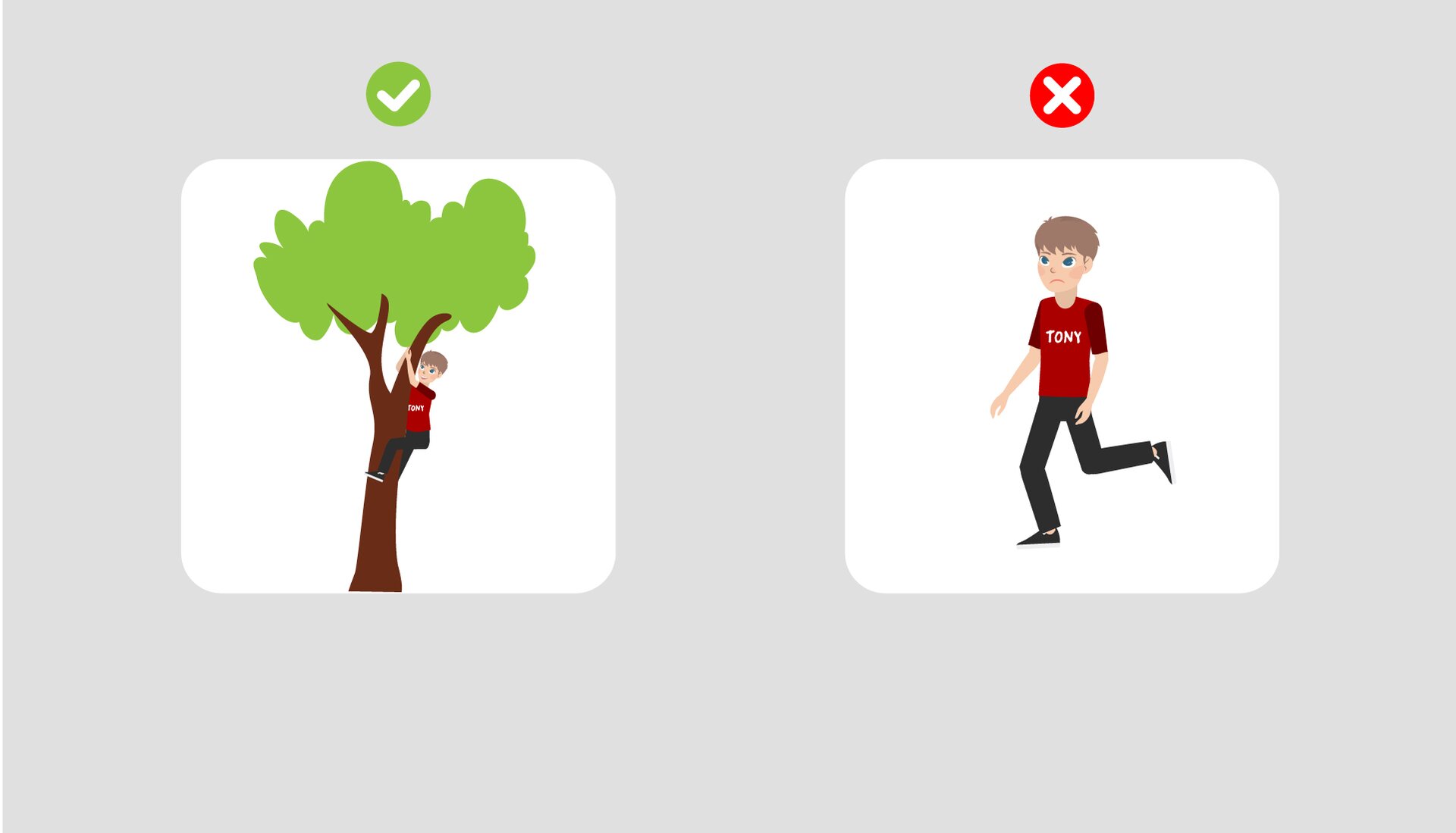 Grafika przedstawiająca dwa rysunki - chłopca wspinającego się na drzewo i nad nim zielony ptaszek oraz biegnącego chłopca, nad nim czerwony krzyżyk.
