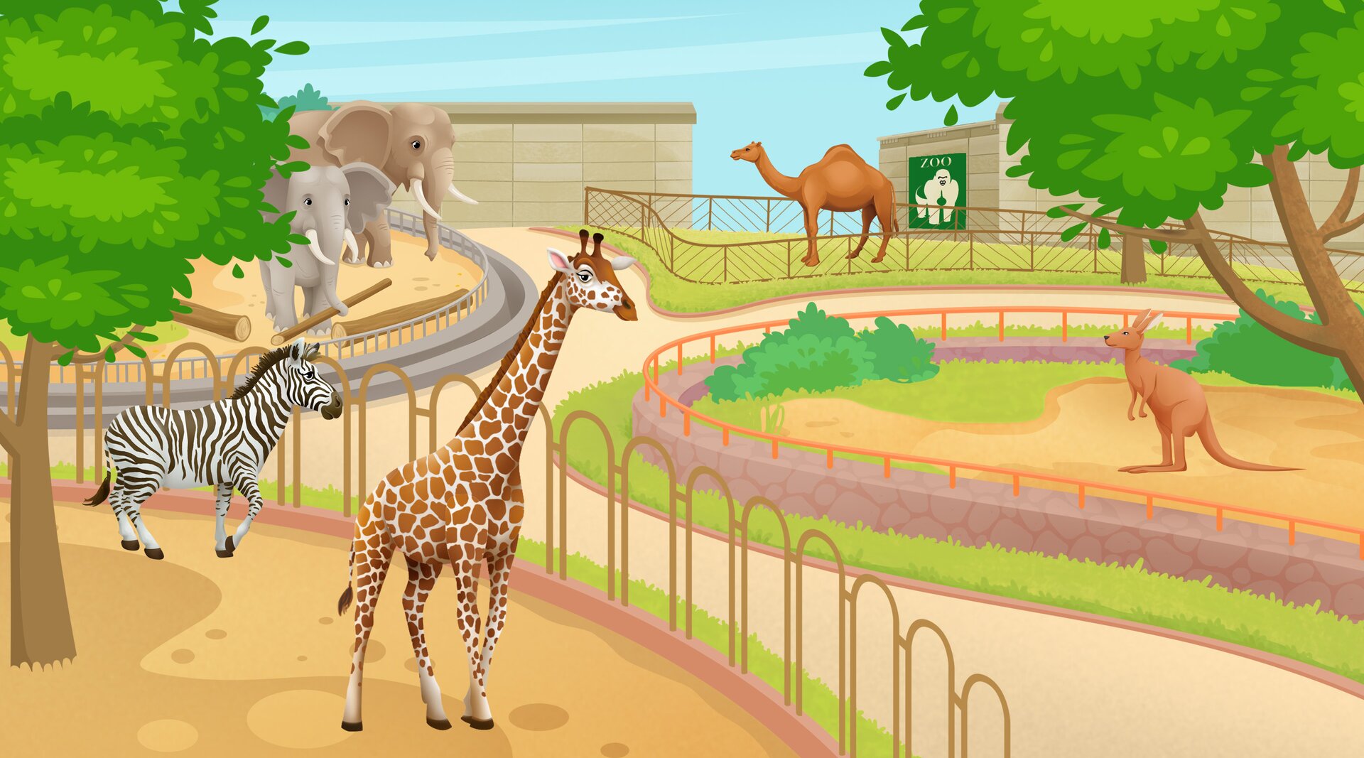 Ilustracja przedstawia zwierzęta w ogrodzie zoologicznym.