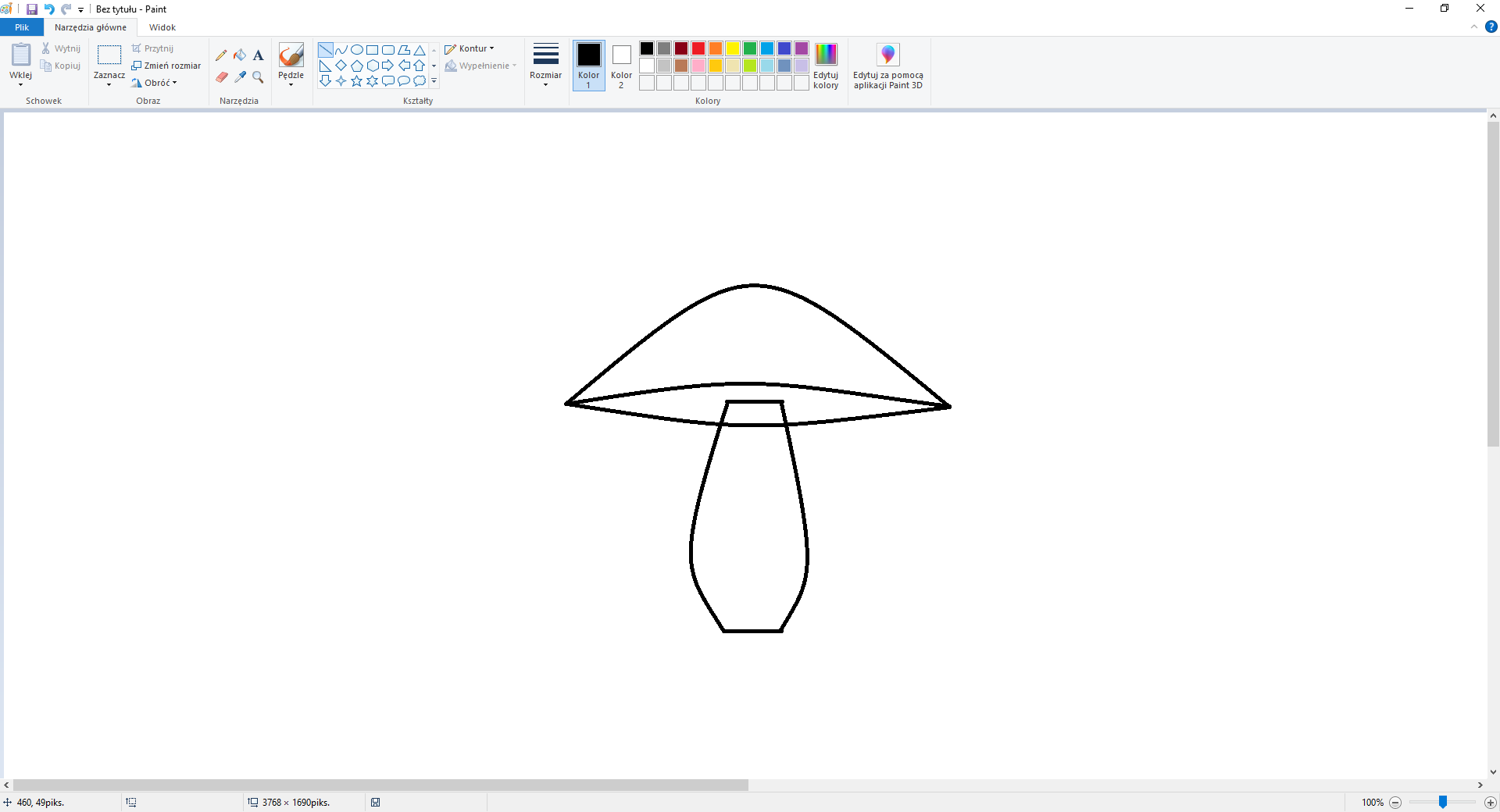 Ilustracja przedstawia grzybka narysowanego z krzywych bez wypełnienia kolorem w programie Paint.