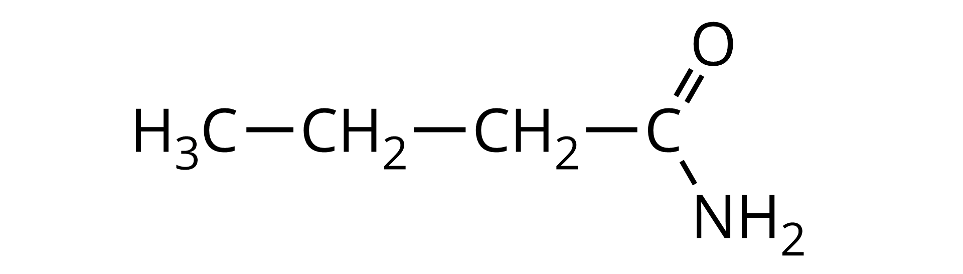 Ilustracja przedstawia wzór półstrukturalny butano-1-aminy. Do atomu węgla przyłączona jest grupa aminowa, grupa propylowa oraz poprzez wiązanie podwójne atom tlenu.