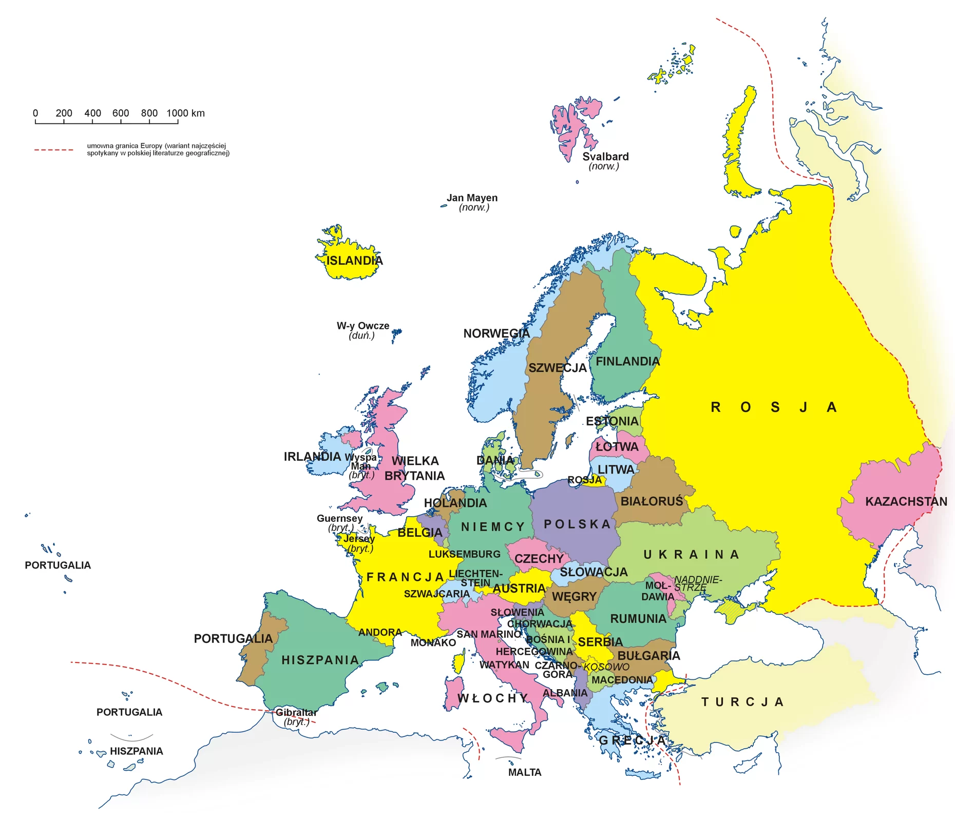 Ilustracja przedstawia mapę polityczną Europy. Na mapie różnymi kolorami zaznaczone są poszczególne europejskie kraje. Na południu, począwszy od zachodu: Portugalia, Hiszpania, Francja, Włochy, Słowenia, Chorwacja, Bośnia i Hercegowina, Czarnogóra, Algieria, Grecja, Turcja, Bułgaria, Rumunia. Na podobnej do Polski szerokości geograficznej: Belgia, Holandia, Niemcy, Polska, Ukraina, Białoruś, część Rosji i Kazachstan. Na północy: Irlandia, Wielka Brytania, Islandia, Norwegia, Szwecja, Finlandia, Estonia, Łotwa, Litwa i większa część Rosji.