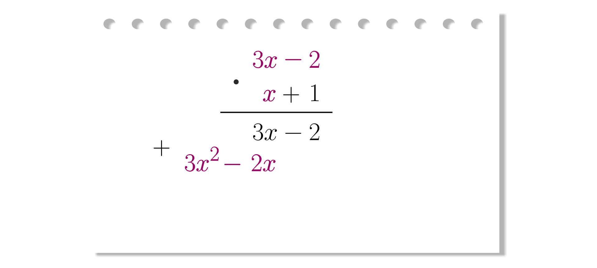 Na grafice ukazana biała kartka z notatnika. Zapisane jest na niej mnożenie pisemne dwumianu 3x‑2 oraz x+1. Dwumiany zapisane są jeden pod drugim, a pod nimi znajduje się kreska. Pod kreską zapisano w dwóch liniach wyniki mnożenia dwumianu 3x‑2 przez 1 oraz przez x.