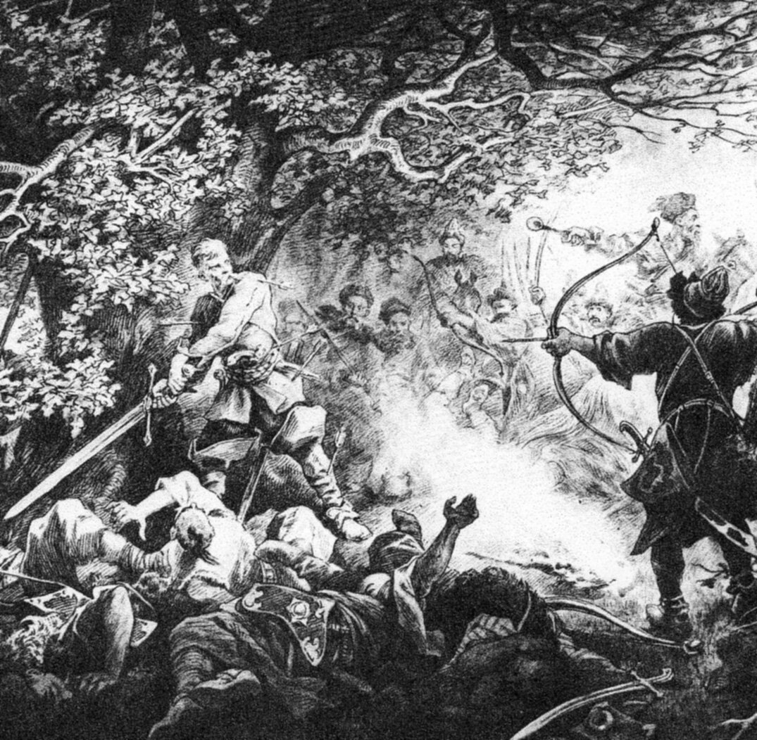 Rysunek przedstawia scenę walki. Na pierwszym planie pod drzewem stoi dwóch mężczyzn. Jeden trzyma duży miecz. To Podbipięta. Ubrany jest w jasny strój, przepasany pasem i buty z bardzo wysokimi cholewami. Naprzeciw niego stoi żołnierz tatarski celujący w jego kierunku z łuku; ubrany jest w ciemny strój i czapkę; przy boku ma przypiętą szablę. Na dole obrazu widoczne są ciała poległych w walce. W tle niewyraźne postacie mężczyzn przyglądających się tej scenie. 