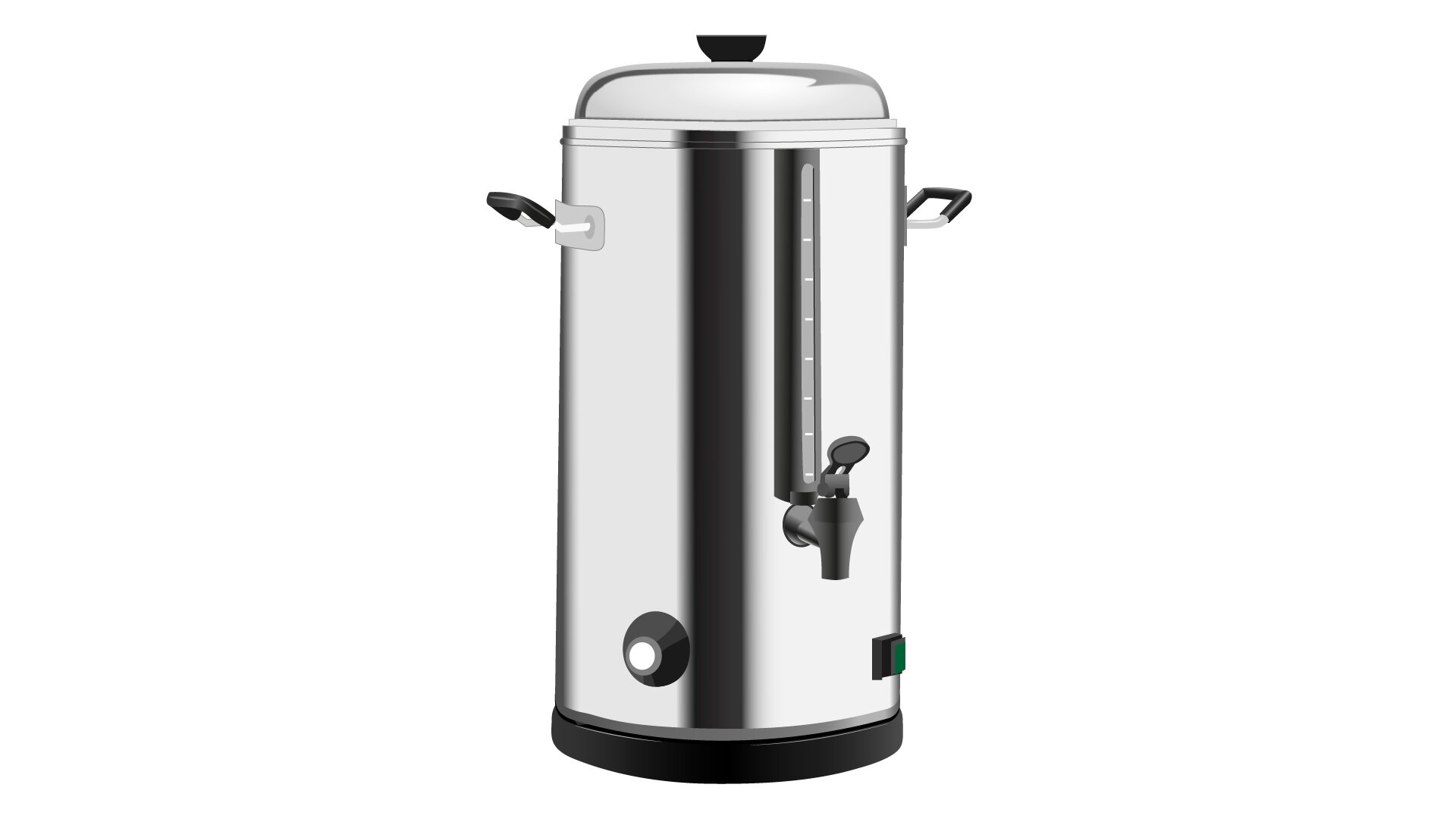 Grafika przedstawia warnik do wody. Widoczny jest cylindryczny pojemnik w pionie, zakończony półokrągłą spłaszczoną pokrywką z czarnym trapezoidalnym uchwytem pośrodku. W górnej części pojemnika widoczne są po dwóch przeciwległych stronach dwa poziome uchwyty. Na froncie pojemnika w dolnej części widoczny kranik z uchwytem. Całość ustawiona na czarnej taśmowatej podstawie.