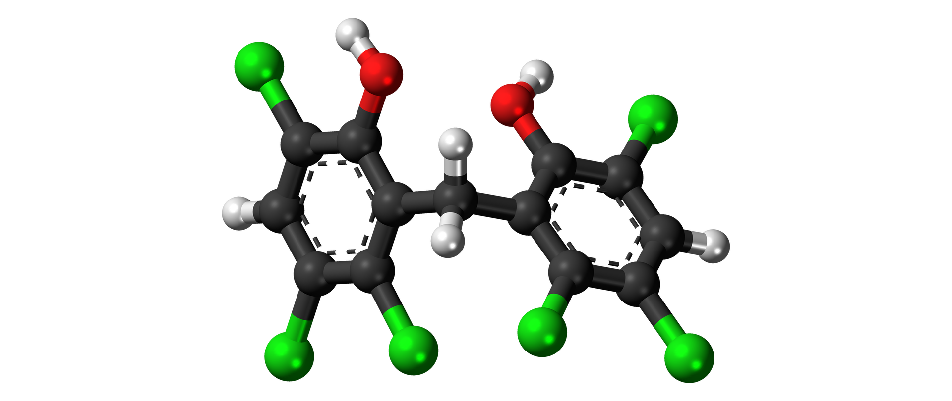 Na ilustracji jest model heksachlorofenu: dwa sześcioczłonowe pierścienie zbudowane są z czarnych kulek. Łączą się za pośrednictwem czarnej kulki, która łączy się z dwiema białymi kulkami. Trzy czarne kulki z pierścienia łączą się z zielonymi kulkami. Jedna czarna kulka u góry pierścienia łączy się z czerwoną kulką, która łączy się z białą kulką. Jedna czarna kulka z pierścienia łączy się z białą kulką.    