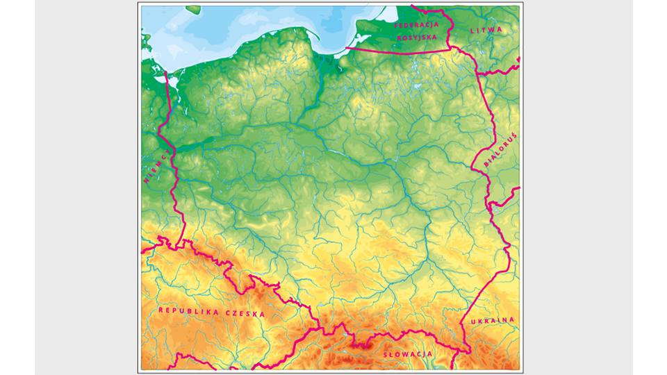 Aktywna mapa Polski z granicami zaznaczonymi na czerwono oraz siedmioma państwami sąsiadującymi z Polską.